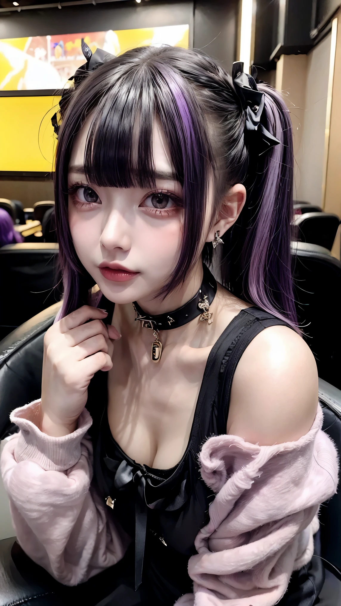 photoshoot, masterpiece, top quality , 8k, nothing , nothing , absurd:1.2, Kodak Portra 400 , film grain, Blurry Backgrounds , Bokeh:1.2, lens flare , ( brightly colored :1.2), 1 girl, purple eyes, movie lights、Purple and black hair 、(Landmine Girl、 Heavy makeup)、( Earrings for One Woman 、たくさんの Earrings for One Woman )、((Heavy makeup、, growing skin 、 realistic skin texture 、 Beautiful skin))、 Blue Movie Picture 、( full shot :1.8),Thin arms、Narrow shoulders、 thin waist、 slender body、(( small breasts)), whole body、 oversized t-shirt, Gothic Graffiti T Shirt ,gothic, sailor collar,lottery, bow tie,Lace skirt,lottery short dress , choker ,cross, twin tails, Long Sleeve ,Alternative hair colors , purple and black multi-colored hair ,{{{Alternative hair colors }}}, purple hair, black hair ,{{{ purple streak hair ,}}},Date night in Shinjuku ,( Movie theater date :1.3)