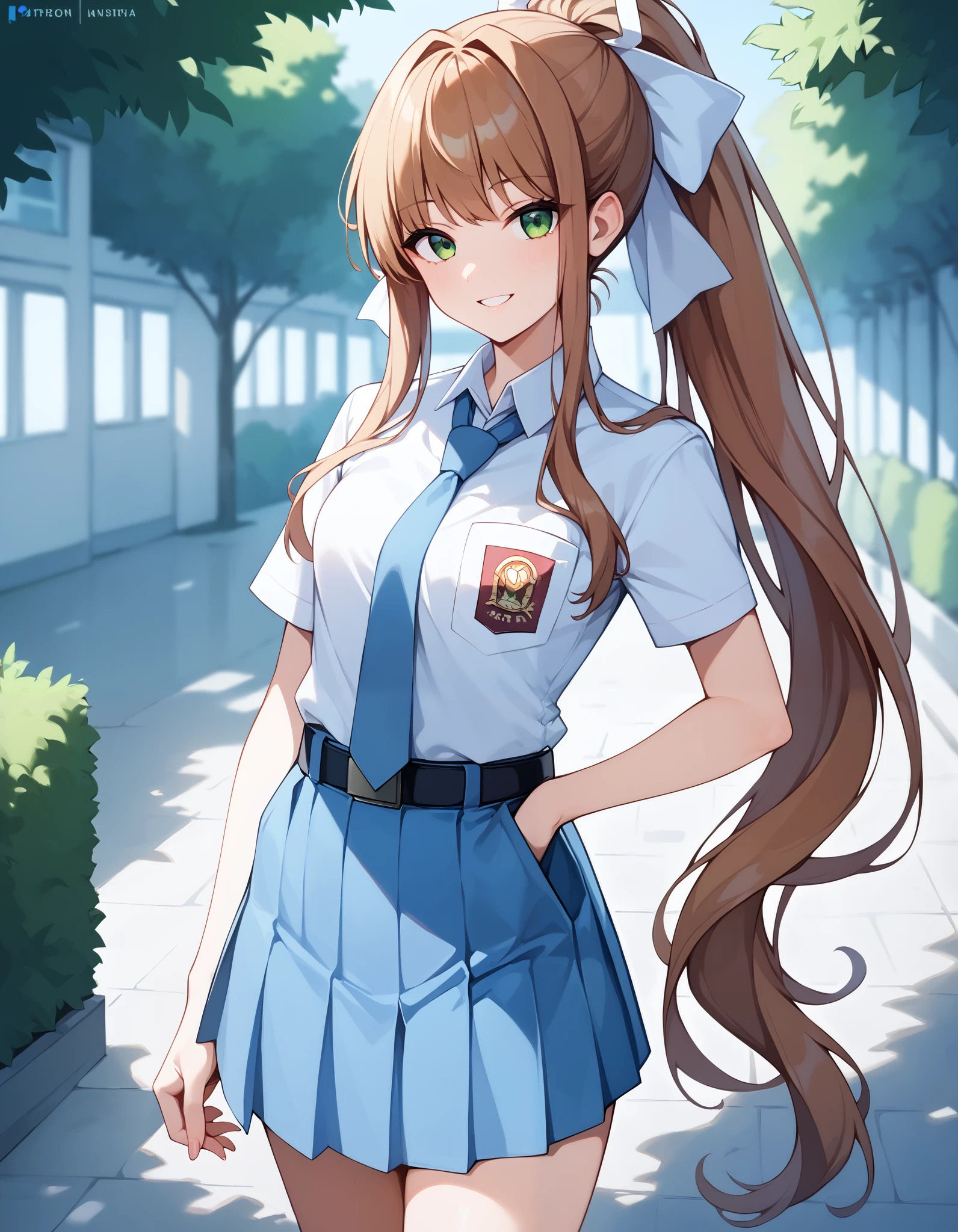 Masterpiece, hd, best quality, monika, green eyes, brown hair, very long hair, ponytail, hair ribbon, white ribbon, Indonesia high school uniform, wearing white collared shirt, short sleeves, light blue skirt, pleated skirt, light blue neck tie, pocket, school logo on pocket, wearing black belt, outdoor, smile, standing, cowboy shot