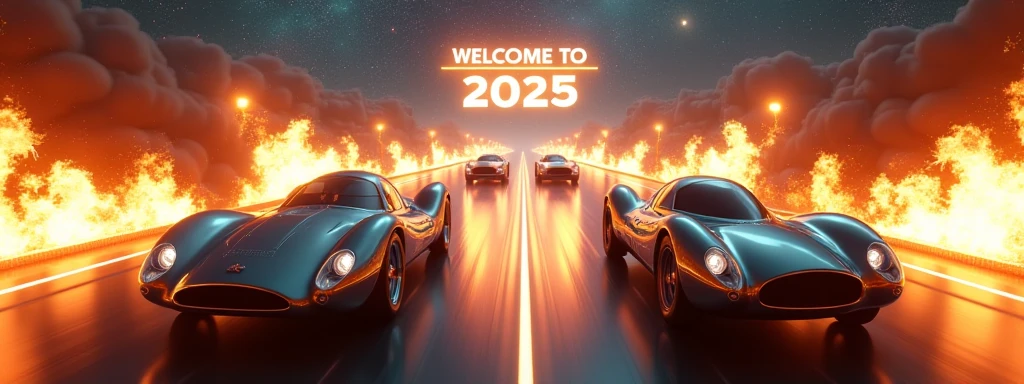 At the finish line, it says "Welcome to 2025", drag racing, chrome-plated smooth-looking machines, nitro-powered jet engines, explosive flames, background galaxy-space, ultra detailed, absolutely resolution, masterpiece