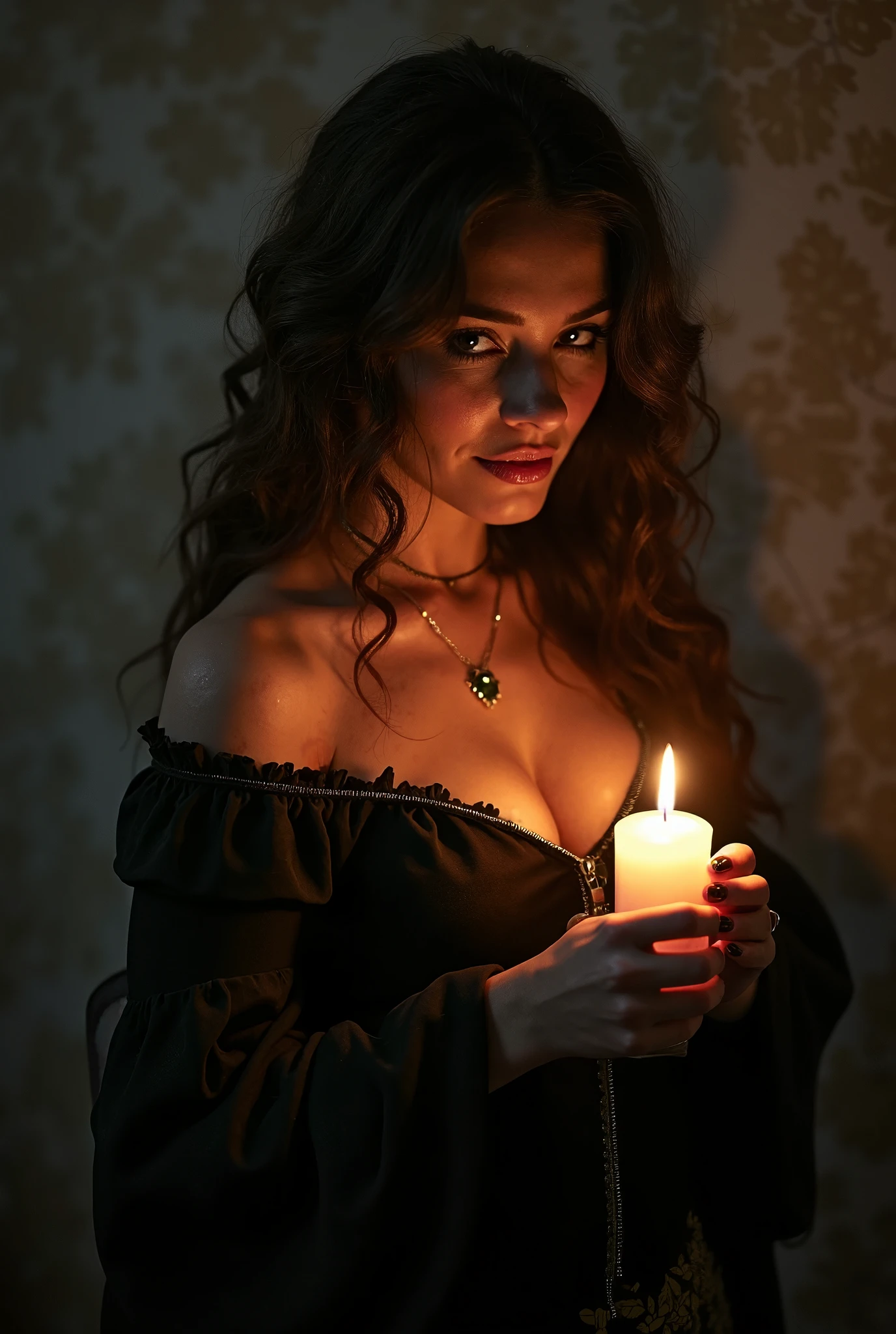 2 beautiful female vampires, 2women, vampire queens, woman vampires, big breasts, curvy body, one of them has black hair, one has ginger hair, extremely pale skin, red lipstick, cleavage, intricate details, nighttime, candlelight, gothic castle, gothic dark red dress, delicate lace fabric, revealing long dress, seductive eyes, masterpiece, 8k uhd, blood, fantasy style, mysterious, blood lust