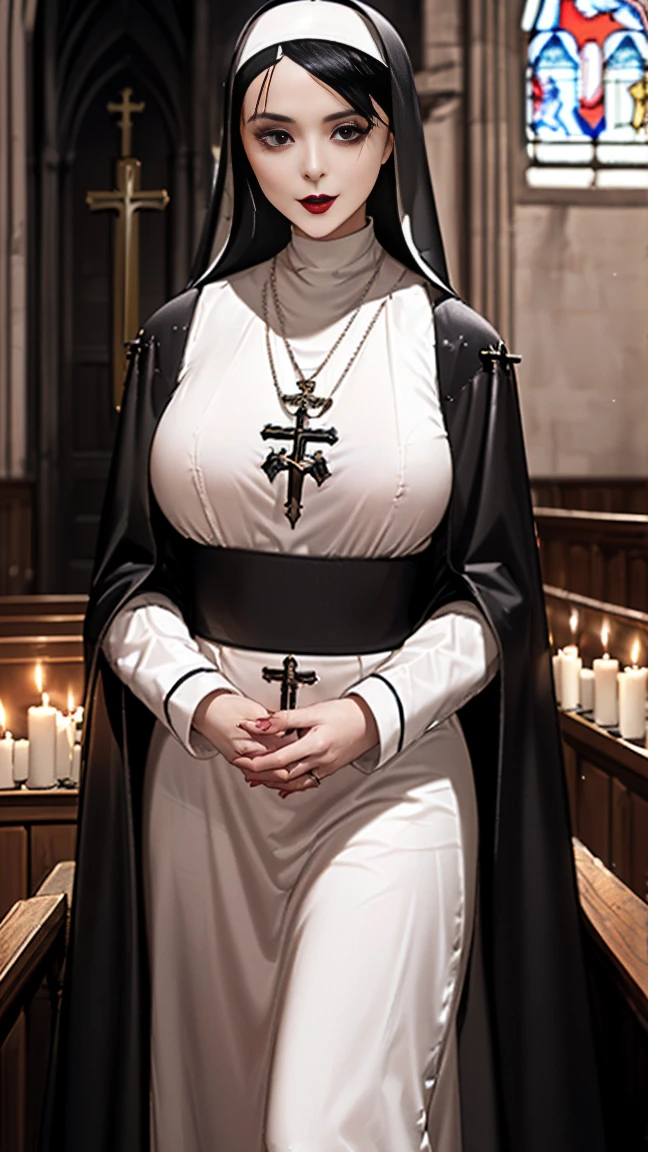Beautiful Spanish woman、Black Hair、With bangs、Cross necklace、BigBreasts、Sexy body、White monastic vestments、Nuns、Standing before the cross、In the church