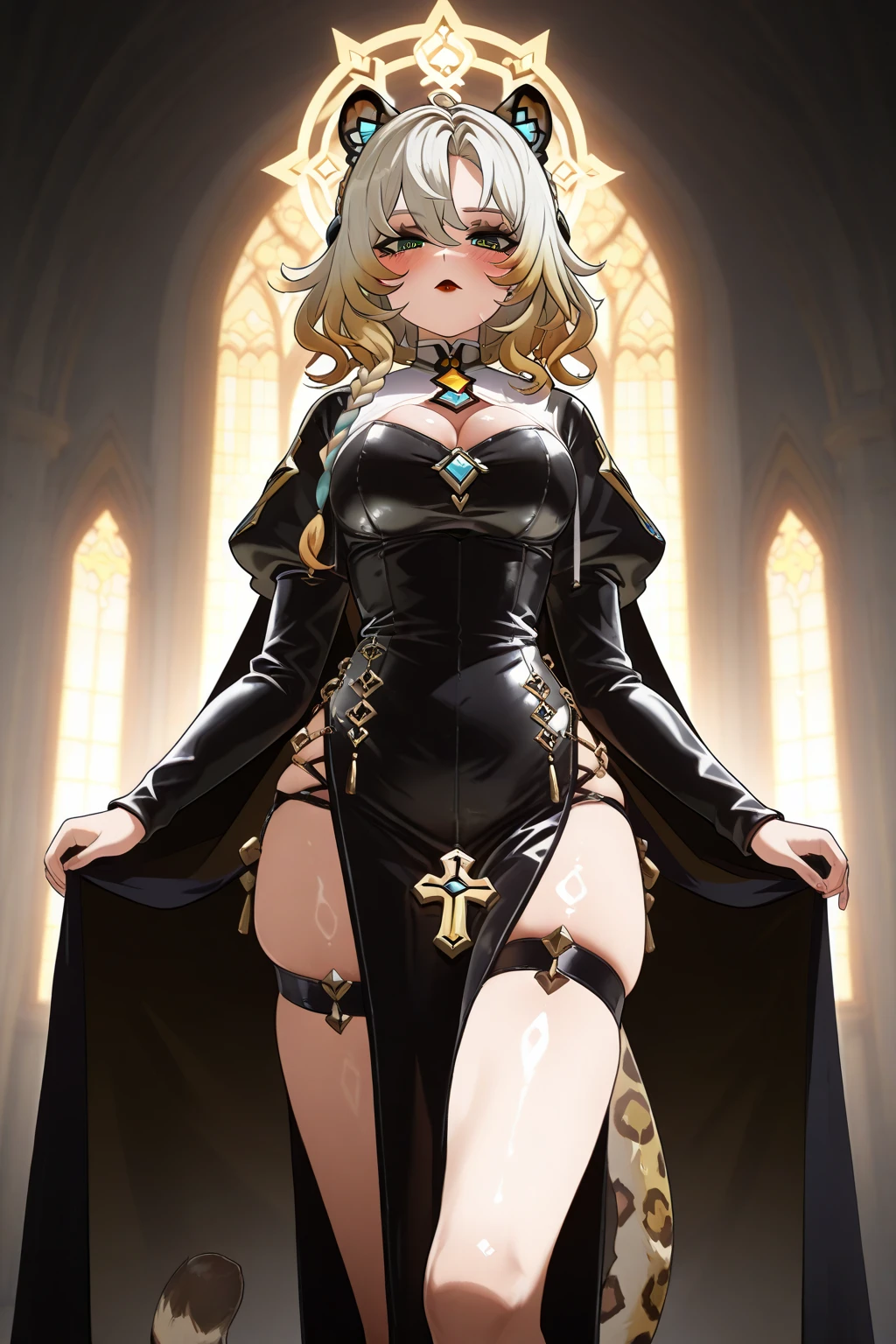 ultra-detailed, full-length, 1girl, solo, (beautiful face), detailed eyes, (Ideal body proportions), Xilonen\(genshin_impact\), medium breasts, multicolored hair, blonde hair, green eyes, braid, animal ears, tail, leopard tail, voloptuous, alternate costume, look at viewer, sexy pose, blush, make up, red lipstick, skindentation, bursting breast, cleavage, cleavage cutout, black nun outfit, shiny nun dress, leather, cape, chains , crosses on clothes, head tilted, leg crossed, dark, shadows, red accessories, church, particle of light, halo of light, large metal cross on the back, line of light in the eyes, front view, bewitching thighs, gleaming, shiny, shiny skin, masterpiece, ((Anatomically correct))