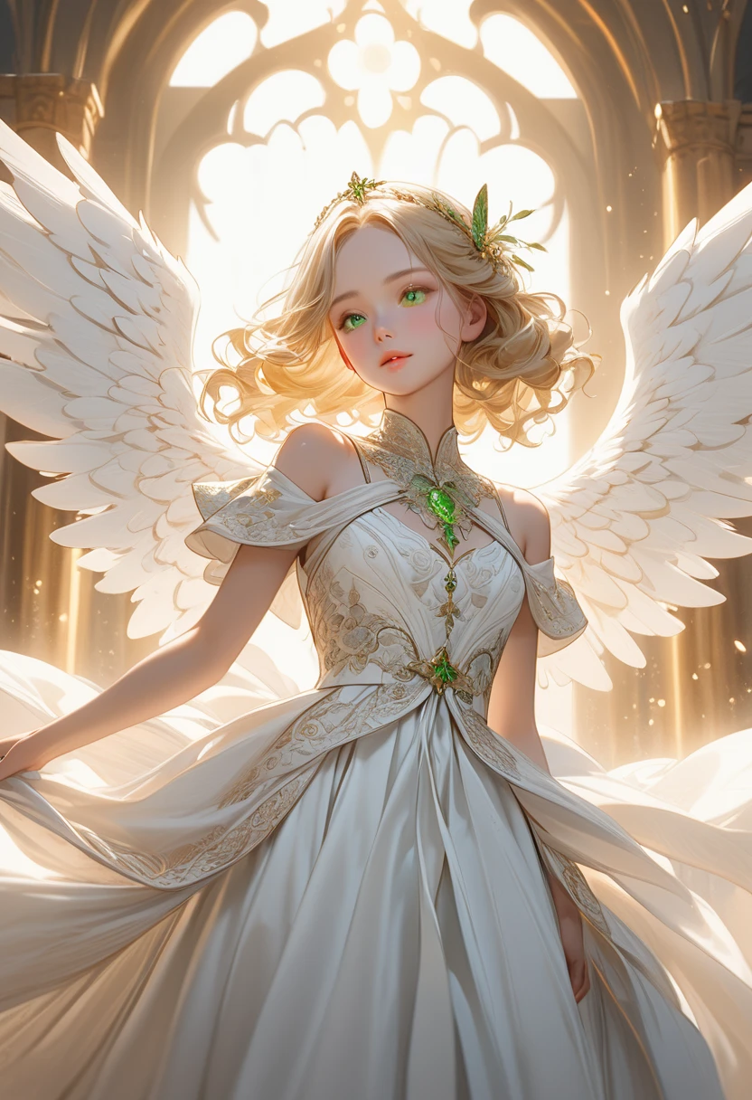 Create an image of a young angelic girl with glowing green eyes and long, curly blonde hair. She is wearing a beautifully detailed, renaissance-inspired outfit in pure white, adorned with intricate patterns and angelic motifs. The outfit features elegant flowing fabric and a heavenly design, highlighting an ethereal and serene aesthetic. She has three large, majestic wings on each side of her back, glowing softly against a radiant heaven-like background filled with light and gentle clouds. Her expression is peaceful, with smooth light pink lips and a soft, glowing complexion. The scene is highly detailed and realistic, rendered in ultra-high quality (8k, RAW photo realism). The focus should be on her angelic innocence and the divine setting, capturing a sense of purity, elegance, and wonder. The composition is a full-body image with a "cowboy shot" framing, showing her floating gracefully in the heavenly scene. Emphasize elaborate detailing, vivid colors, and masterful craftsmanship in the illustration.