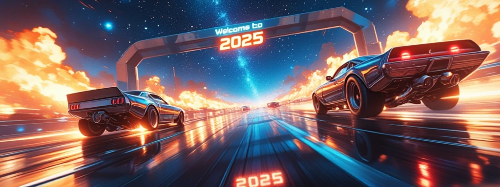 At the finish line, it says "Welcome to 2025", drag racing, chrome-plated smooth-looking machines, nitro-powered jet engines, explosive flames, background galaxy-space, ultra detailed, absolutely resolution, masterpiece