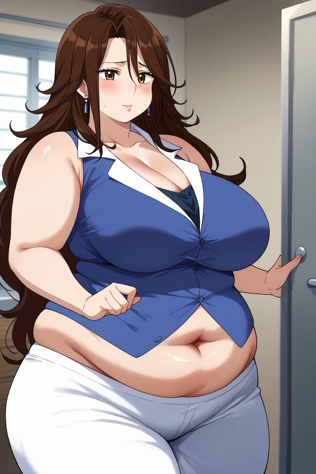  Sumeragi Lee Noriega ,  Sumeragi Lee Noriega ,blue shirt, sleeveless ,A shirt with a wide open neckline,White trousers,Exposed navel,Obese middle-aged woman, troubled expression, embarrassing expression ,milf, chubby, king bang , score_9,  score_8_ up、 score_7_ up、 score_6_ up、 score_5_ up、 score_4_ up、 masterpieces at the front door of the house、 top quality , very aesthetic,  absurd、 Source_ anime anime screencap,  one woman、Alone、 personal  、 brown eyes、 brown hair 、 long hair、Super huge breasts,  super huge clevis、Super huge, Super huge boob,Curvy、 wide hips、