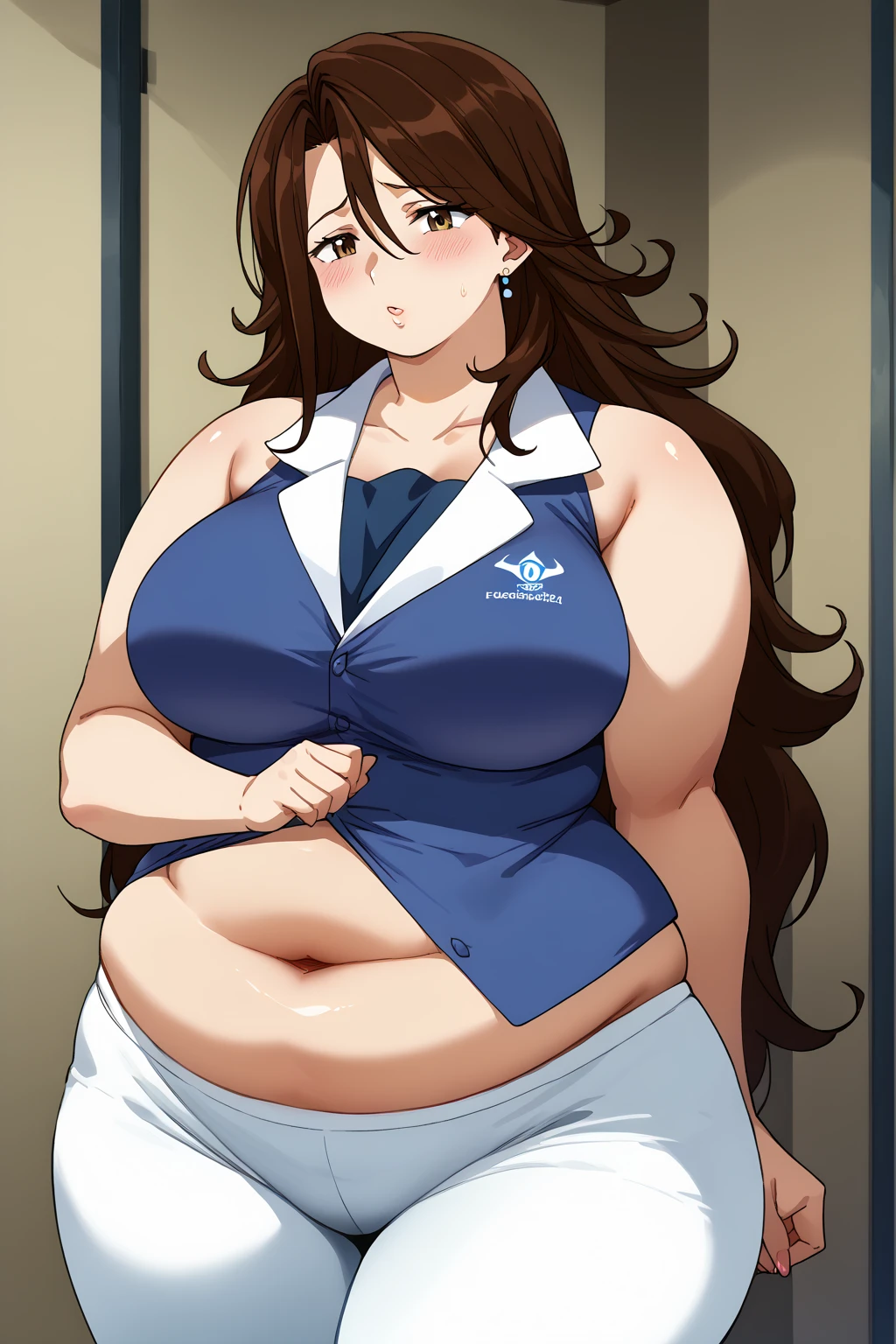  Sumeragi Lee Noriega ,  Sumeragi Lee Noriega ,blue shirt, sleeveless ,A shirt with a wide open neckline,White trousers,Exposed navel,Obese middle-aged woman, troubled expression, embarrassing expression ,milf, chubby, king bang , score_9,  score_8_ up、 score_7_ up、 score_6_ up、 score_5_ up、 score_4_ up、 masterpieces at the front door of the house、 top quality , very aesthetic,  absurd、 Source_ anime anime screencap,  one woman、Alone、 personal  、 brown eyes、 brown hair 、 long hair、Super huge breasts,  super huge clevis、Super huge, Super huge boob,Curvy、 wide hips、