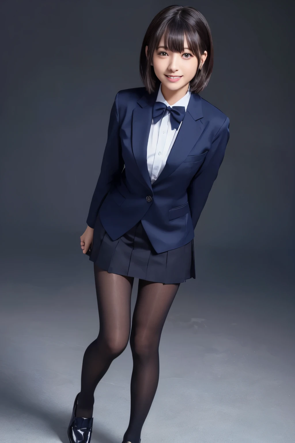 navy blue blazer、(( Hides below the knee with a navy blue tight skirt))、White blouse、((navy blue plain large bow tie))、((( Black Pantyhose )))、(( black loafers))、(( full body photo of a standing figure showing all the way to the feet))、 cute high school girl 、Height: 160cm、 smile like an idol、 smiling and smiling、 professional writing、((Plain background))、(( highest image quality taken by Ki)),((Beautiful double eyelids ))、( long lashes)、(( The blazer and skirt are the same navy blue and the material are the same ))、(( dark brown shiny hair ))、((Model Face Change ))、(( Ribbon Design Change))、((No handkerchief))、 very short hair、胸がG-Cup、((光沢のある Black Pantyhose ))、G-Cup, (( Minami Hamabe ))