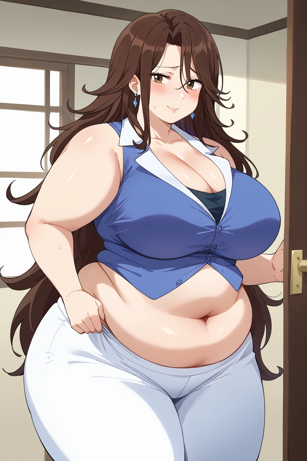  Sumeragi Lee Noriega ,  Sumeragi Lee Noriega ,blue shirt, sleeveless ,A shirt with a wide open neckline,White trousers,Exposed navel,Obese middle-aged woman, troubled expression, embarrassing expression ,milf, chubby, king bang , score_9,  score_8_ up、 score_7_ up、 score_6_ up、 score_5_ up、 score_4_ up、 masterpieces at the front door of the house、 top quality , very aesthetic,  absurd、 Source_ anime anime screencap,  one woman、Alone、 personal  、 brown eyes、 brown hair 、 long hair、Super huge breasts,  super huge clevis、Super huge, Super huge boob,Curvy、 wide hips、