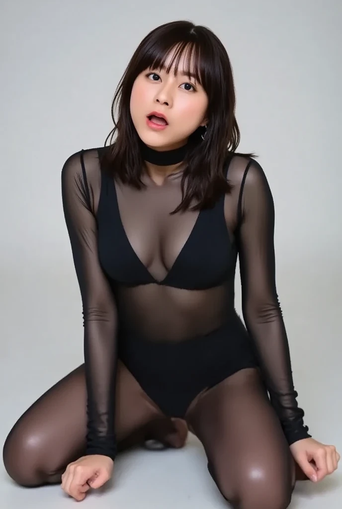 High resolution, High resolution, Attention to detail, masterpiece, Rough skin, Anatomically correct, sharp, Gray background，Wearing full-body tights，((Japanese beautiful mature woman,4)), alone, ((Facial wrinkles)), (Realistic人間的に, Realistic:1.37),(((Pose: A woman with legs spread 120 degrees apart, hands behind her head in a squatting position,)))),((She looks at me with an angry expression)),Front shot,Photograph the whole body from below,((Her hairstyle is medium short and wavy)),((I have a hairy constitution, so I have a lot of pubic hair.)),((She is wearing a black translucent bodysuit made of silk that is skin tight and shows her naked body, private parts and pubic hair.)),((,(((The pubic area is swollen and the pubic hair and cameltoe hidden under the body tights can be seen through the tights.))),sheer tights dig into the(0.3)clearly defined labia(0.3)The clearly visible),Because of her hairy constitution, she has a lot of armpit and pubic hair.)),full body close-up shot,Full body wide shot,Smooth curves,The location is a brightly lit basement,The background is gray space,