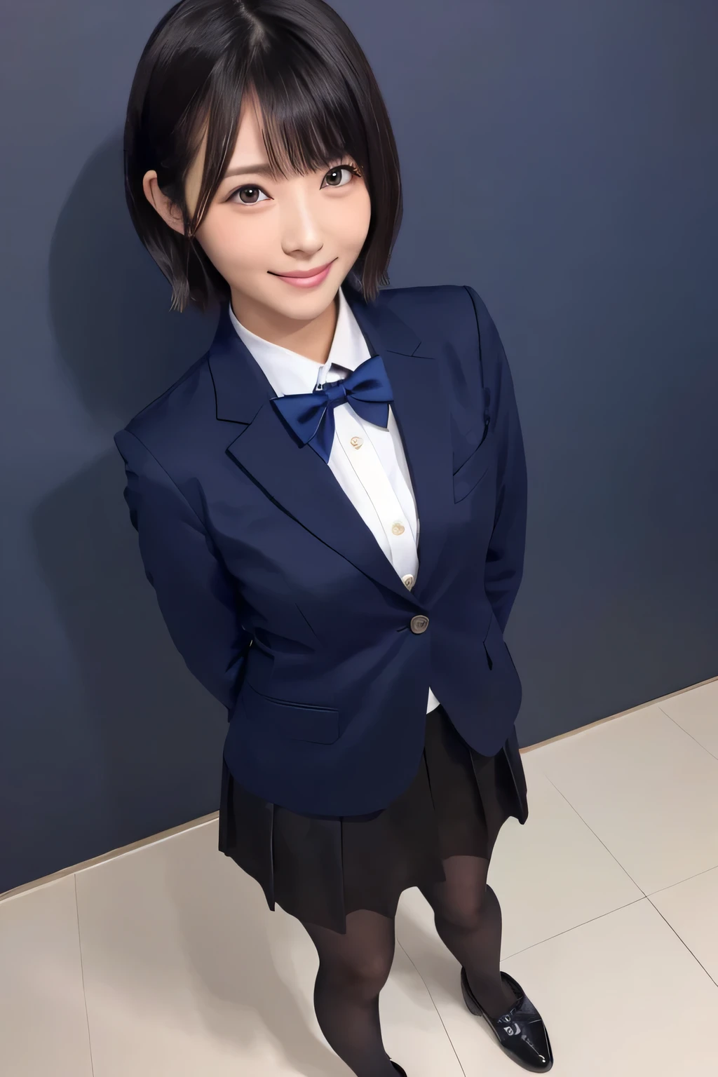 navy blue blazer、(( Hides below the knee with a navy blue tight skirt))、White blouse、((navy blue plain large bow tie))、((( Black Pantyhose )))、(( black loafers))、(( full body photo of a standing figure showing all the way to the feet))、 cute high school girl 、Height: 160cm、 smile like an idol、 smiling and smiling、 professional writing、((Plain background))、(( highest image quality taken by Ki)),((Beautiful double eyelids ))、( long lashes)、(( The blazer and skirt are the same navy blue and the material are the same ))、(( dark brown shiny hair ))、((Model Face Change ))、(( Ribbon Design Change))、((No handkerchief))、 very short hair、胸がg-cup、((shiny black pantyhose ))、g-cup, (( Minami Hamabe ))