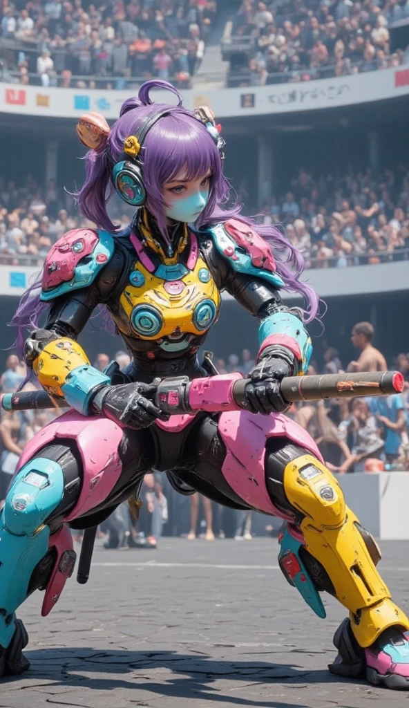 newest anime style. (dynamic action movie. dutch angle,very dynamic camerawork. (2cute girly robots\(very different form, different color\) fighting hard, colorful flower pattern on body, many scar and damage on body, holding damaged sword, kawaii design, Joints and gaps glowing in pastel color.hardcore machine.at futuristic Coliseum.)).high brightness.vivid color, pop.Arrange figures three-dimensionally.screen cap of the game