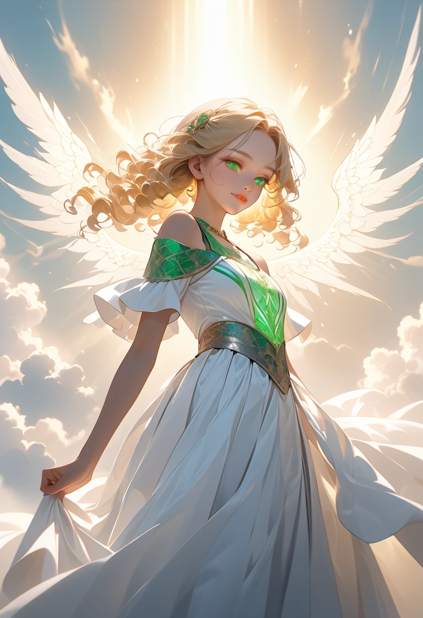 Create an image of a young angelic girl with glowing green eyes and long, curly blonde hair. She is wearing a beautifully detailed, renaissance-inspired outfit in pure white, adorned with intricate patterns and angelic motifs. The outfit features elegant flowing fabric and a heavenly design, highlighting an ethereal and serene aesthetic. She has three large, majestic wings on each side of her back, glowing softly against a radiant heaven-like background filled with light and gentle clouds. Her expression is peaceful, with smooth light pink lips and a soft, glowing complexion. The scene is highly detailed and realistic, rendered in ultra-high quality (8k, RAW photo realism). The focus should be on her angelic innocence and the divine setting, capturing a sense of purity, elegance, and wonder. The composition is a full-body image with a "cowboy shot" framing, showing her floating gracefully in the heavenly scene. Emphasize elaborate detailing, vivid colors, and masterful craftsmanship in the illustration.