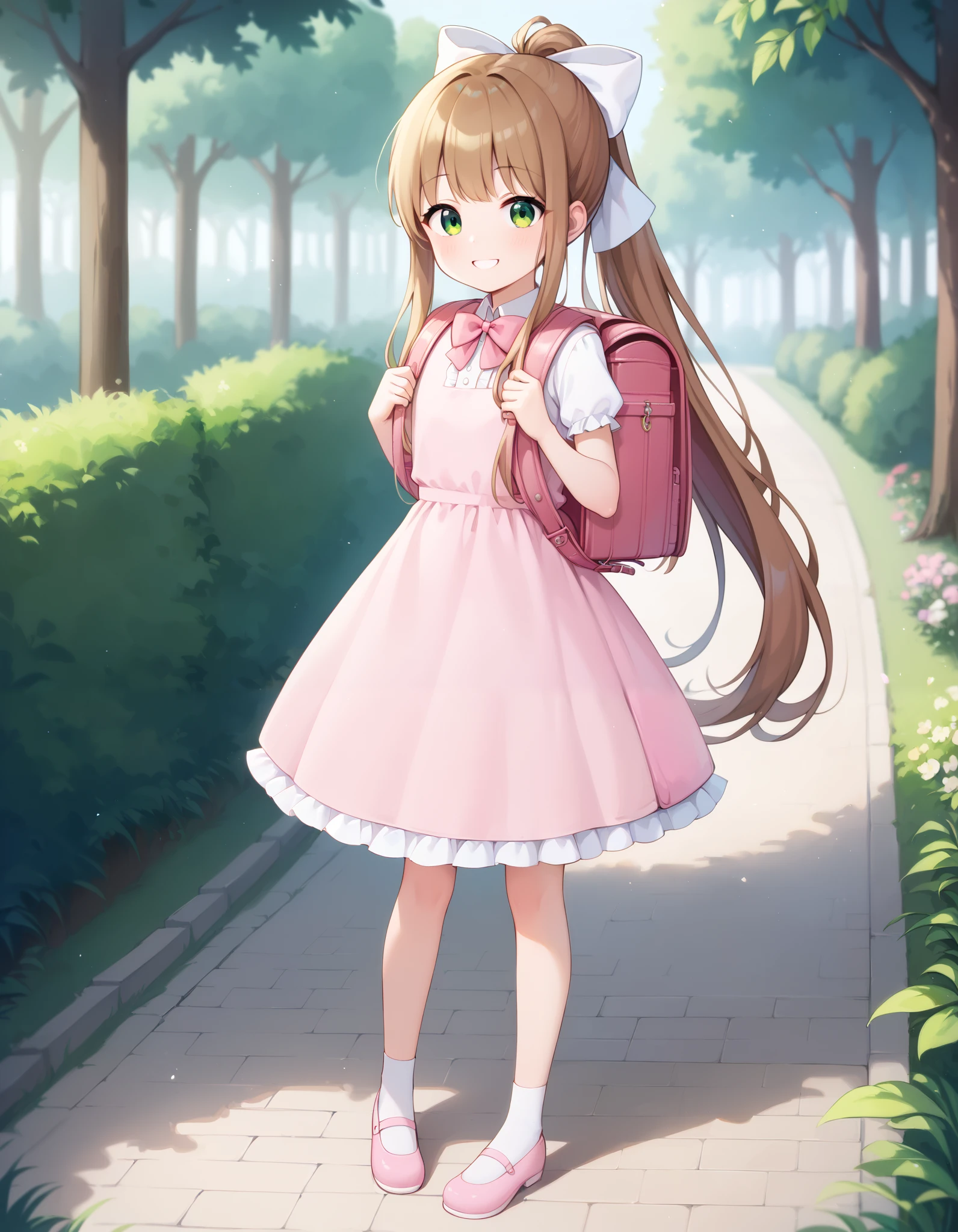 Hd, (girl:1.2) (slender body) (thin body), monika, green eyes, brown hair, very long hair, ponytail, hair ribbon, (white skin) happy and confident expression. full body, (ch1ldren playing), short girl, cute girl, (loli:1), (ch1ldren:1.2), long straight hair, thin legs, flat chest, flat breasts. (happy, smile, cheerful), Standing, outdoor, wearing dress, pink dress, frilly dress, white socks, pink shoes, bowtie, wearing randoseru backpack, pink backpack