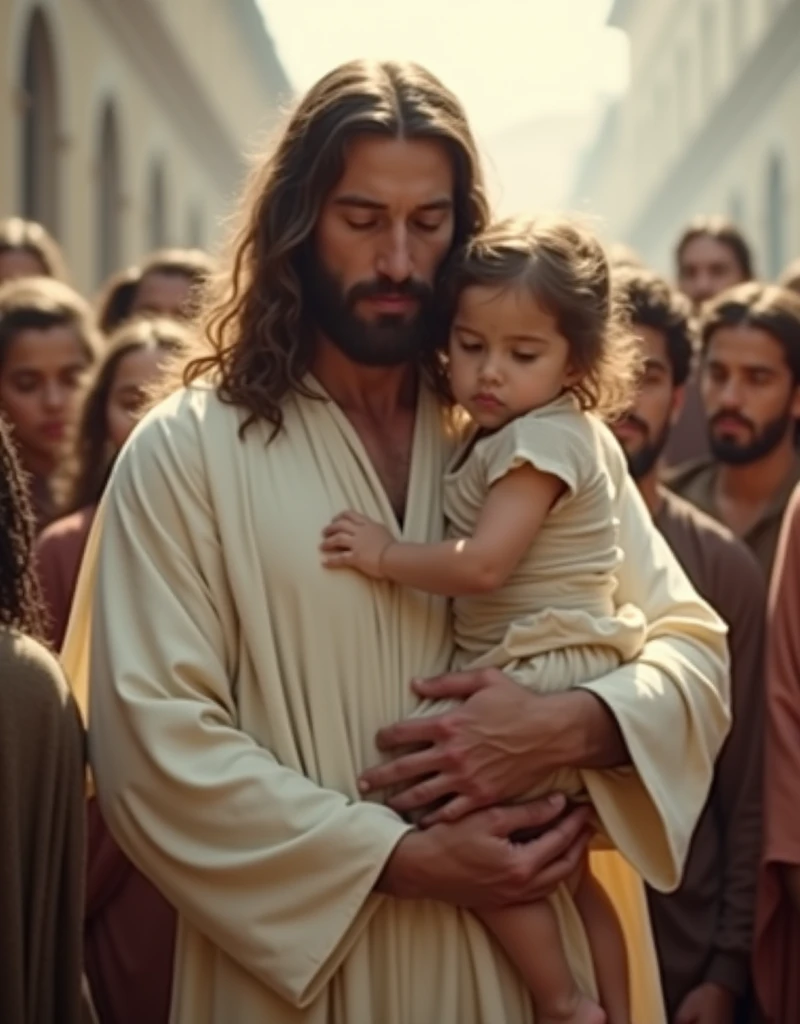 Jesus Christ gently cradles children in a city ravaged by war.