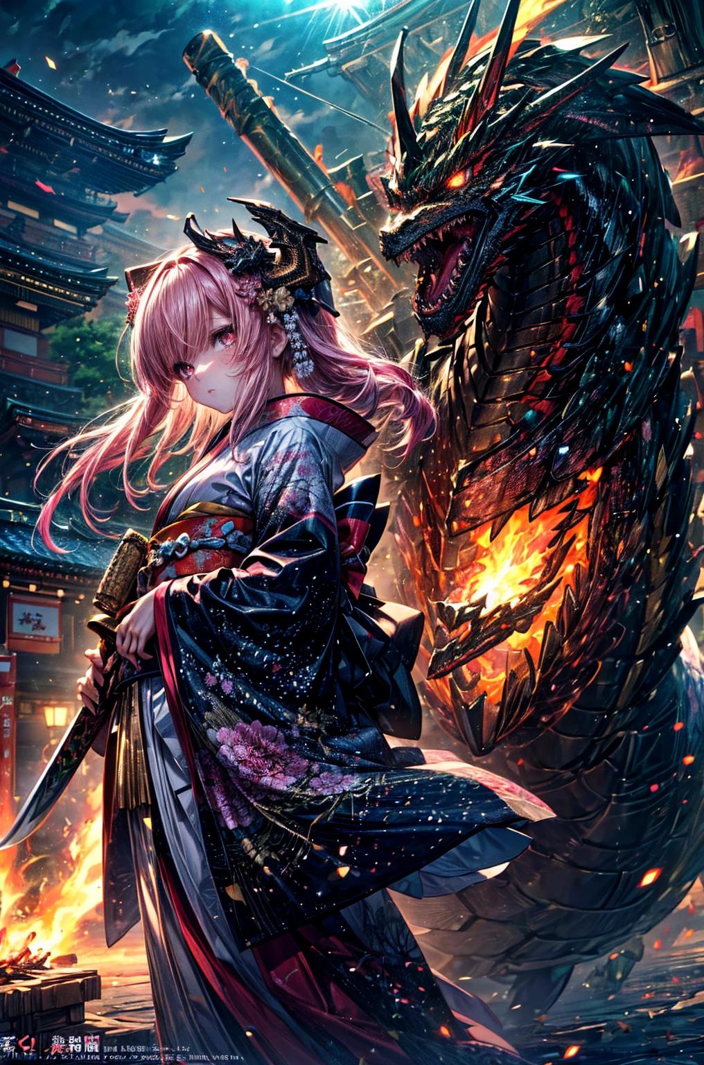 High resolution, professional photography, low aperture, Japanese painting aesthetic, an attractive Japanese woman smaurai with pink hair wearing a white and purple kimono and samurai armor, holding a naginata