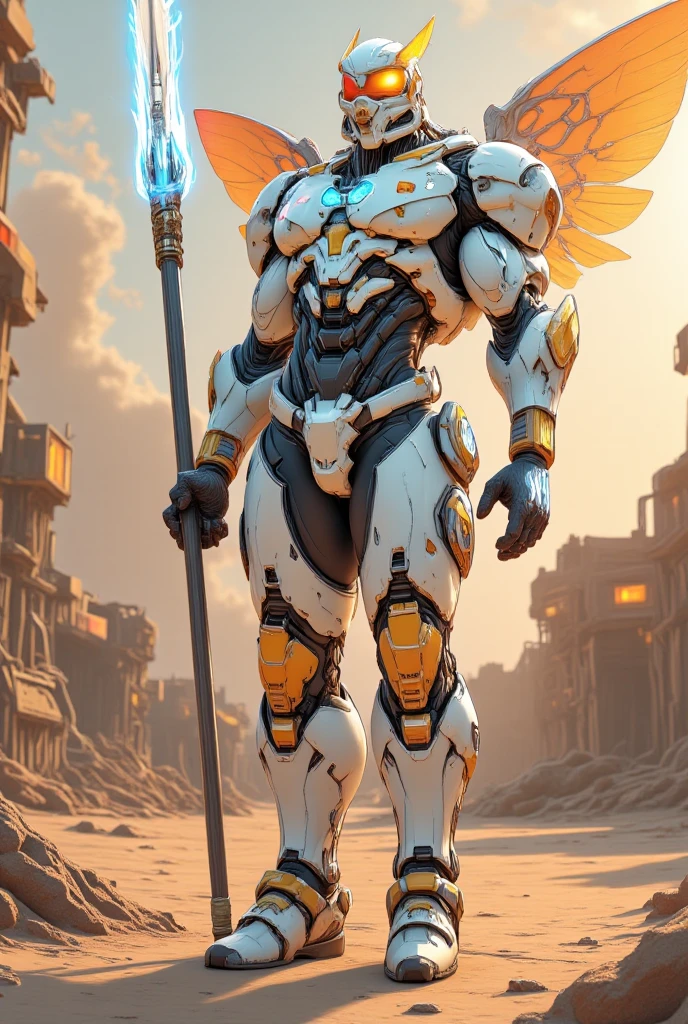 (White Mecha Seraphim) (4K HD) White Mecha Seraphim in a desert warfare setting. The mecha should be in a combat-ready stance, gripping a spear and poised to strike. Ensure intricate details on: Mechanical body with white and metallic finish. Angelic-inspired design with feather-like accents. Glowing blue eyes. Intricate joints and mechanical limbs. Detailed cockpit with illuminated controls. Spear with glowing blue runes. Desert background with destroyed machinery and smoke. Dynamic lighting with golden sunset hues. Realistic textures and shading. (Resolusi 4K) (Realistis) (Futuristik) (Dramatis) ((Full Body))