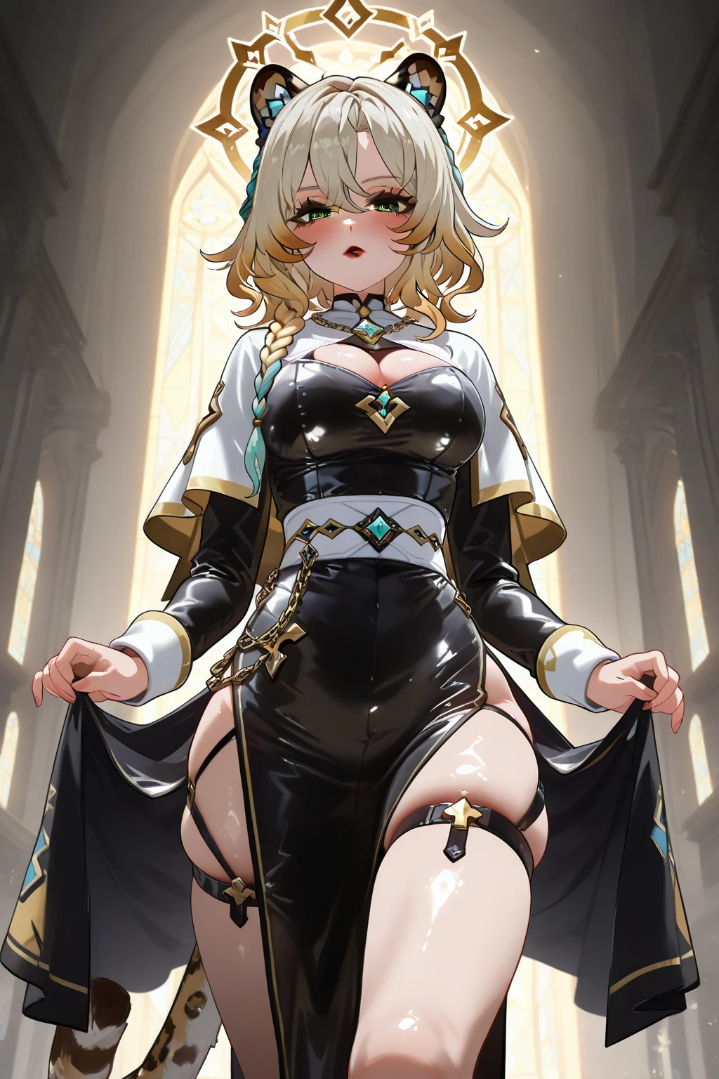 ultra-detailed, full-length, 1girl, solo, (beautiful face), detailed eyes, (Ideal body proportions), Xilonen\(genshin_impact\), medium breasts, multicolored hair, blonde hair, green eyes, braid, animal ears, tail, leopard tail, voloptuous, alternate costume, look at viewer, sexy pose, blush, make up, red lipstick, skindentation, bursting breast, cleavage, cleavage cutout, black nun outfit, shiny nun dress, leather, cape, chains , crosses on clothes, head tilted, leg crossed, dark, shadows, red accessories, church, particle of light, halo of light, large metal cross on the back, line of light in the eyes, front view, bewitching thighs, gleaming, shiny, shiny skin, shiny outfit, masterpiece, ((Anatomically correct))