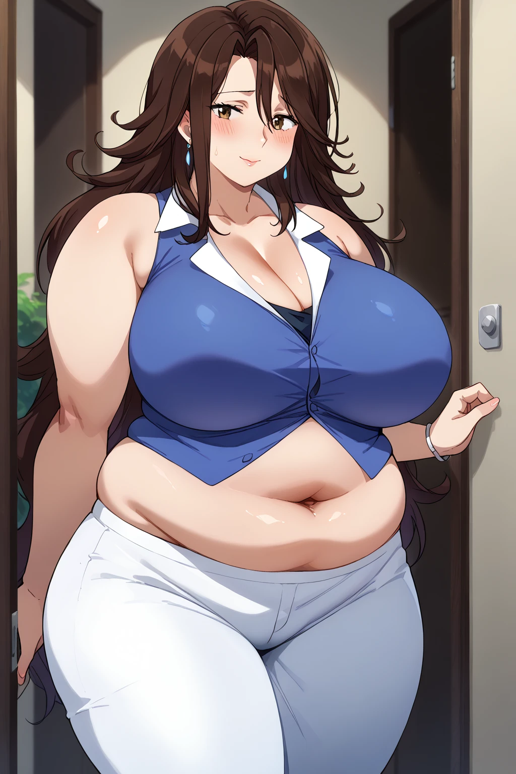  Sumeragi Lee Noriega ,  Sumeragi Lee Noriega ,blue shirt, sleeveless ,A shirt with a wide open neckline,White trousers,Exposed navel,Obese middle-aged woman, troubled expression, embarrassing expression ,milf, chubby, king bang , score_9,  score_8_ up、 score_7_ up、 score_6_ up、 score_5_ up、 score_4_ up、 masterpieces at the front door of the house、 top quality , very aesthetic,  absurd、 Source_ anime anime screencap,  one woman、Alone、 personal  、 brown eyes、 brown hair 、 long hair、Super huge breasts,  super huge clevis、Super huge, Super huge boob,Curvy、 wide hips、