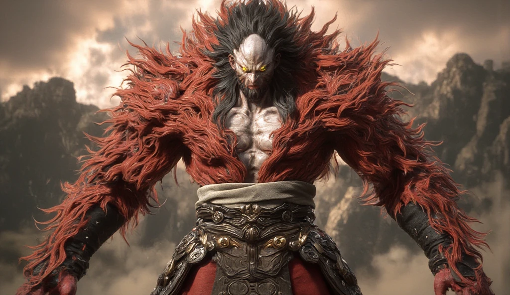 realistic, inspired by the design of Super Sayajin 4, hairy white man , half animal, HAIRLESS FACE, no beard,  no hair on the face,  ordinary human face , red coat on the body,  lightly tanned skin, shirtless, without shirt,  without clothes on top of his body, muscular, shape em V, Shoulder-length hair ,  wavy black hair ,  lots of red hair on the body,  lots of hair on the arms , dark hair,  bright yellow eyes , yellow aura, realistic, detailed, large and strong chest,  oriental style pants with metal and gold parts,  black wristbands ,  cloth band around the waist, cloth wristband , dynamic pose, flying,  feet away from the ground , Without touching the ground . mountain background, clouds, wind, trees, orange sun