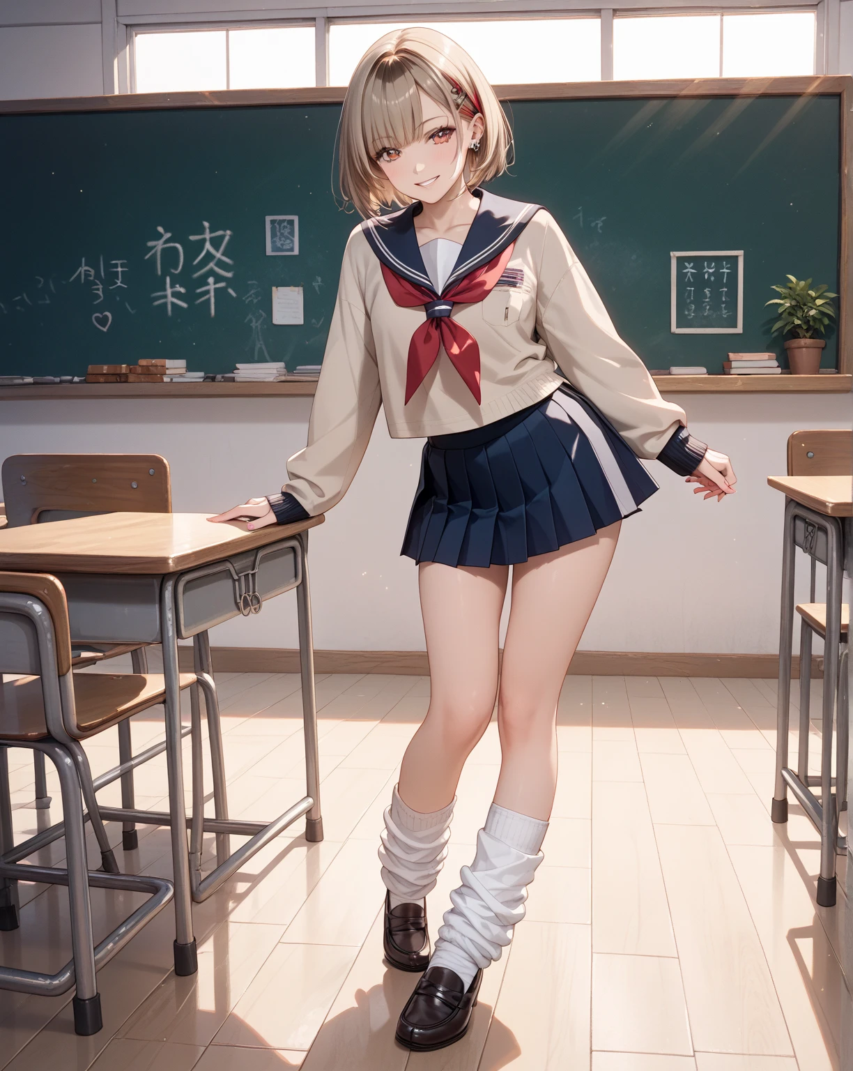 ((inspired by  Japanese school girl))(masterpiece, best quality),beautiful, ultra realistic, beautiful-woman, ((detailed face)).(full body:1.3)., 

The woman is wearing school uniform and loose socks, (loose socks:1.5), she is wearing a navy sailor-school-uniform with a red neckerchief and a navy skirt, knit cardigan,sailor collar,long sleeves,black loafers,naughty face,[slant eyes],false eyelashes,piercing,short hair,bright brown hair,blond streaked hair, 1-woman,18 years old,The background is a school classroom 