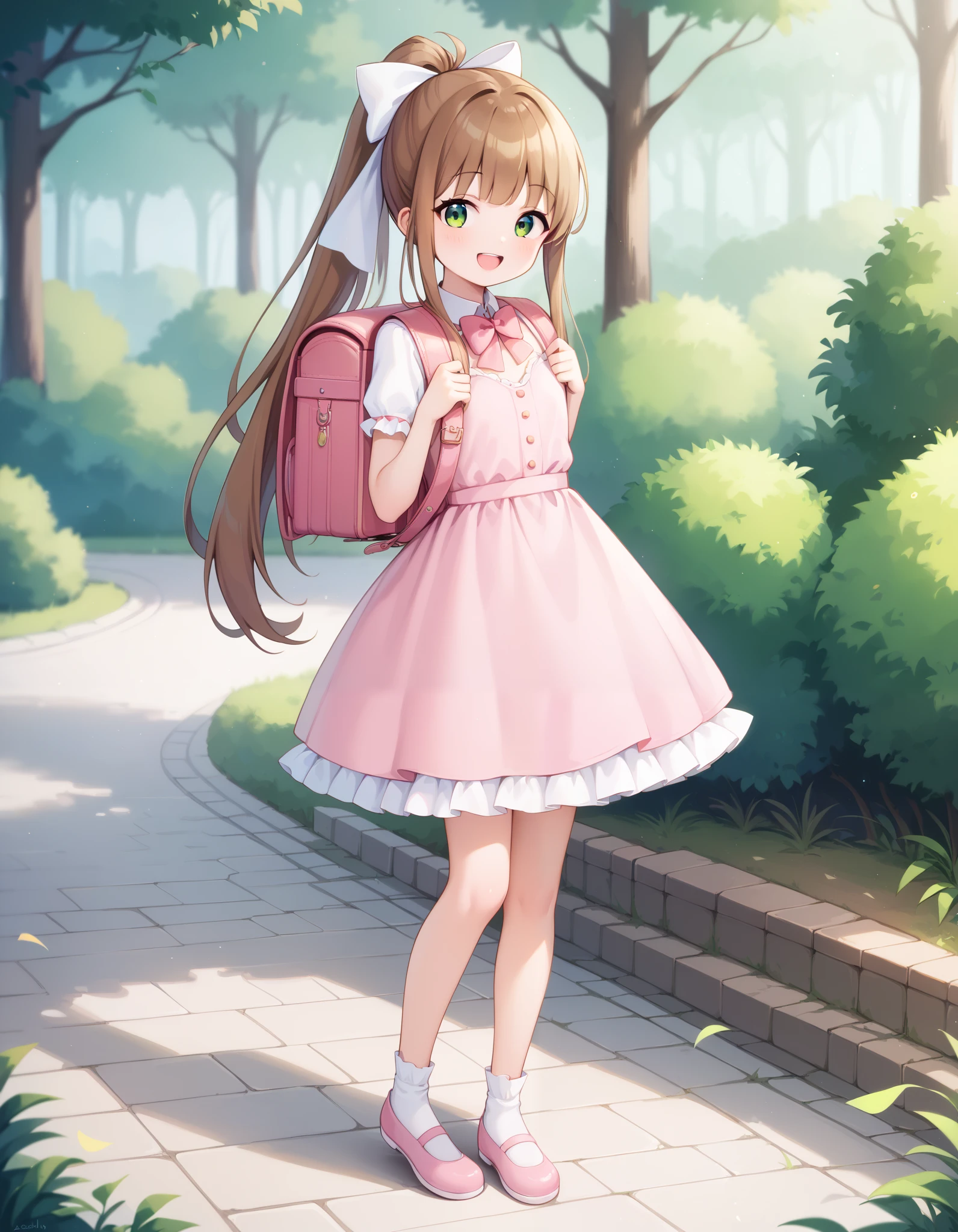 Hd, (littlegirl:1.2) (slender body) (thin body), monika, green eyes, brown hair, very long hair, ponytail, hair ribbon, (white skin) happy and confident expression. full body, (ch1ldren playing), short girl, cute girl, (loli:1.2), (ch1ldren:1.2),  long straight hair, thin legs, flat chest, flat breasts. (happy, smile, cheerful), Standing, outdoor, wearing  dress, pink dress, frilly dress, white socks, pink shoes, bowtie, wearing randoseru backpack, pink backpack 