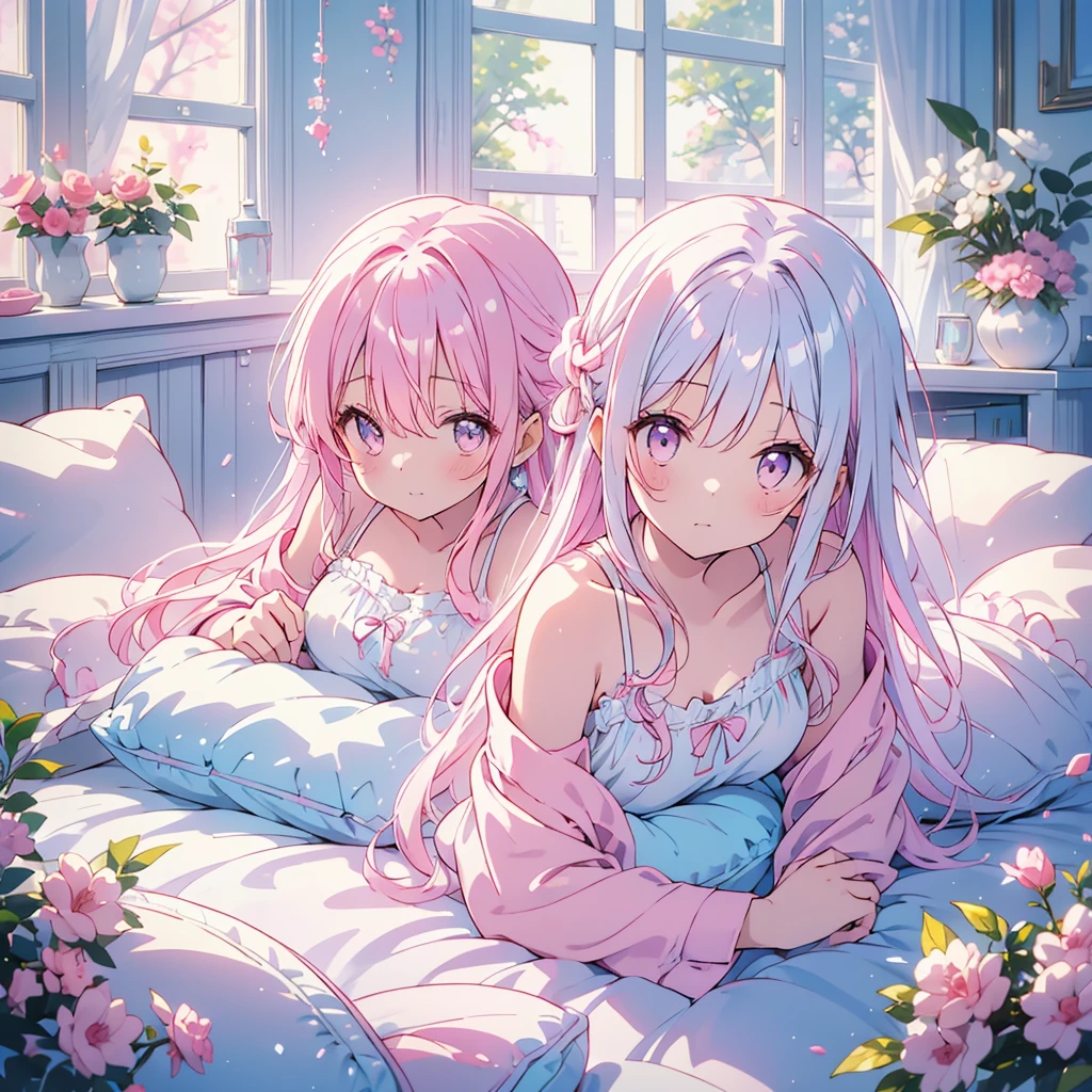 Chibi、Cute girl lounging around wearing white and light blue fluffy loungewear、 happy、Heartwarming、Relaxed、 macaron cushion 、Princess bed 、 white and pink cute room 、Cute girl lounging around wearing milky white and cherry gradation hair color 、