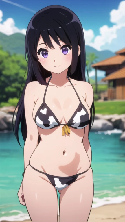 (masterpiece, 4K, highest quality, anime style: 1.9, Detailed face, Lovely, Ocean,Bold Line, High resolution, anime, Lake 4. alone, Curvaceous, Thighs, Cleavage, Center of chest, Very slim belly, Cowboy Shot, Leopard print bikini,1 girl,Horikita, One girl, alone, , Black Hair, Long Hair, Braiding, HAIR Ribbon, Purple eyes, ((Blushing)),(((looking at the camera)))Glare,Detailed eyes
