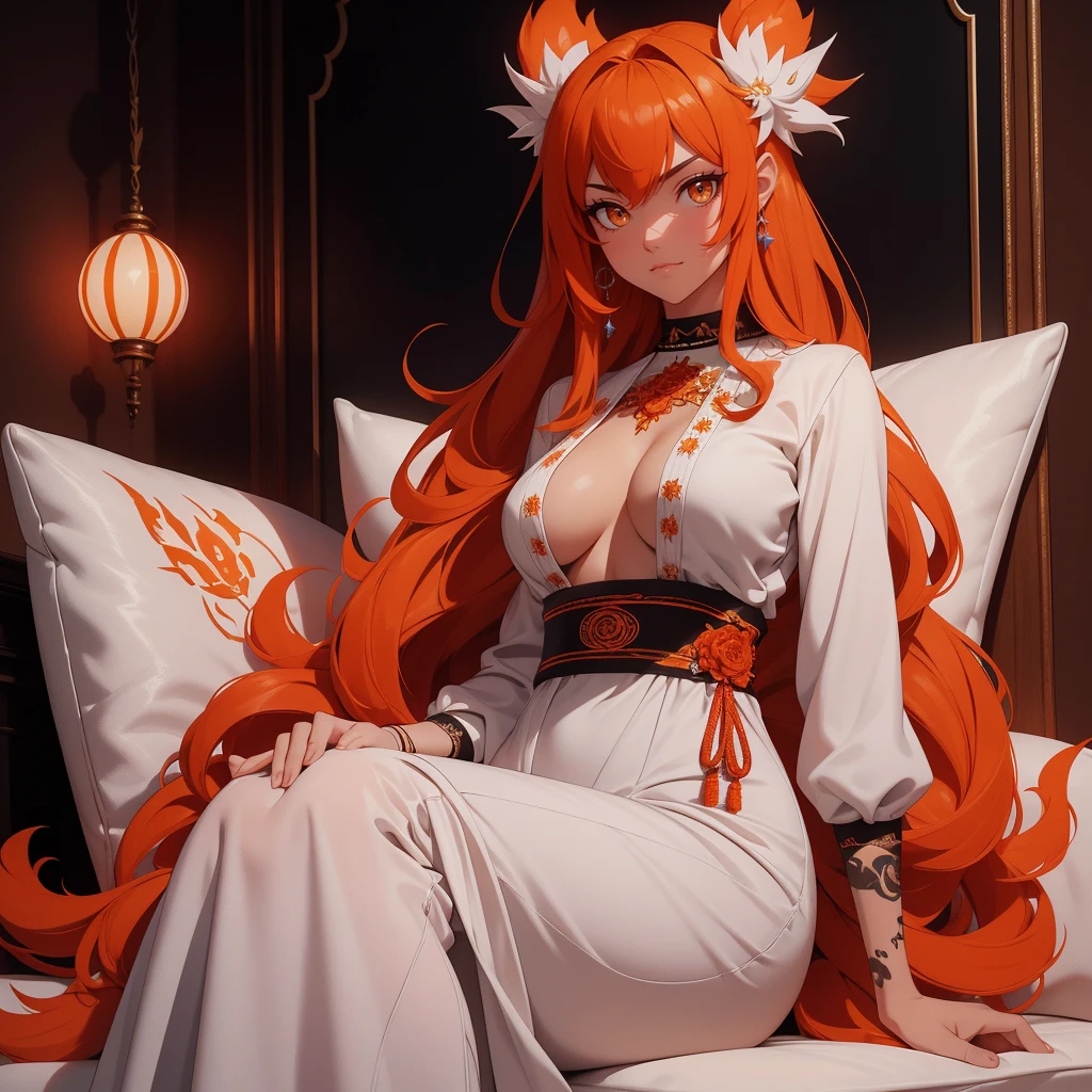 REALISTIC VISION 1.4, BETTER VAE,sharp focus, ultra detail, 32k,realistic photo, intricate details, kitsune, orange hair, oranfe eyes, intricate details ,woman, nine tails,intricate details,intricate details,big , Voluptuous body, intricate details, Miko,clothes long white dress with red details intricate details,tattoos intricate details,full body, laying on the ground