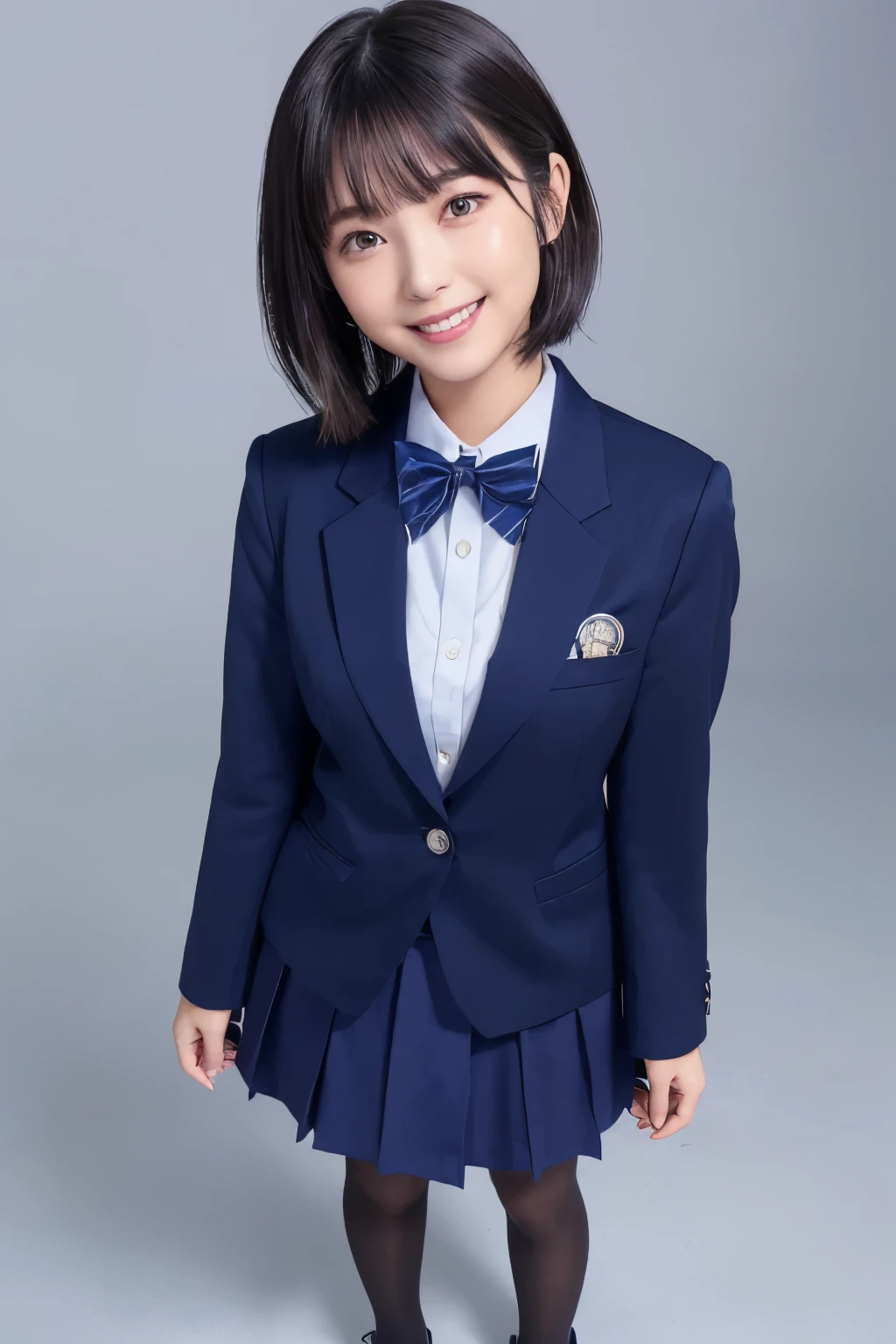 highest image quality taken by Ki、HDR、 navy blue blazer、((Long tight skirt that hides the knee in plain navy blue ))、White blouse、((navy blue plain large bow tie))、((( Black Pantyhose )))、(( black loafers))、((Full body photo of a standing figure up to the knee ))、 cute high school girl 、Height: 160cm、 smile like an idol、 smiling and smiling、 professional writing、((Plain background))、(( highest image quality taken by Ki)),((Beautiful double eyelids ))、( long lashes)、((( The blazer and skirt are the same dark blue color and the material is the same)))、(( dark brown shiny hair ))、((Model Face Change ))、(( Ribbon Design Change))、((No handkerchief))、((silver cherry pin badge on collar))、 very short hair、((silver cherry pin badge on collar))、G-Cup、(( best smile ))、As cute as a popular idol、((The jacket and skirt are the same color))、((Minamihamabe))