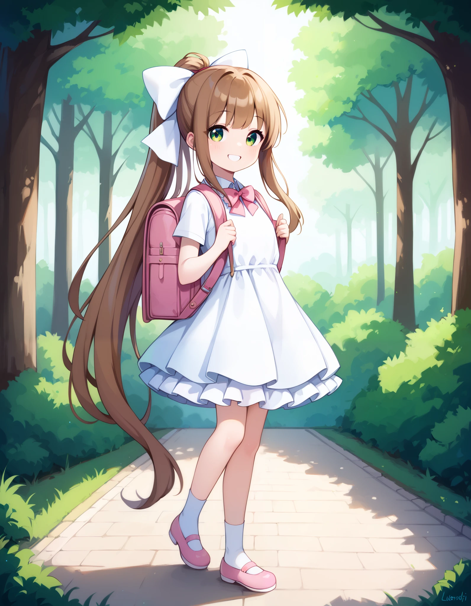 Hd, (girl:1.2) (slender body) (thin body), monika, green eyes, brown hair, very long hair, ponytail, hair ribbon, (white skin) happy and confident expression. full body, (ch1ldren playing), short girl, cute girl, (loli:1), (ch1ldren:1.2), long straight hair, thin legs, flat chest, flat breasts. (happy, smile, cheerful), Standing, outdoor, wearing dress, white dress, frilly dress, white socks, pink shoes, bowtie, wearing school backpack, pink backpack