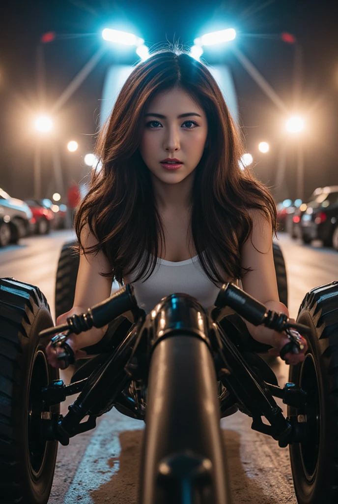 monster car and a  woman , light leak, depth of field, high definition photograph style