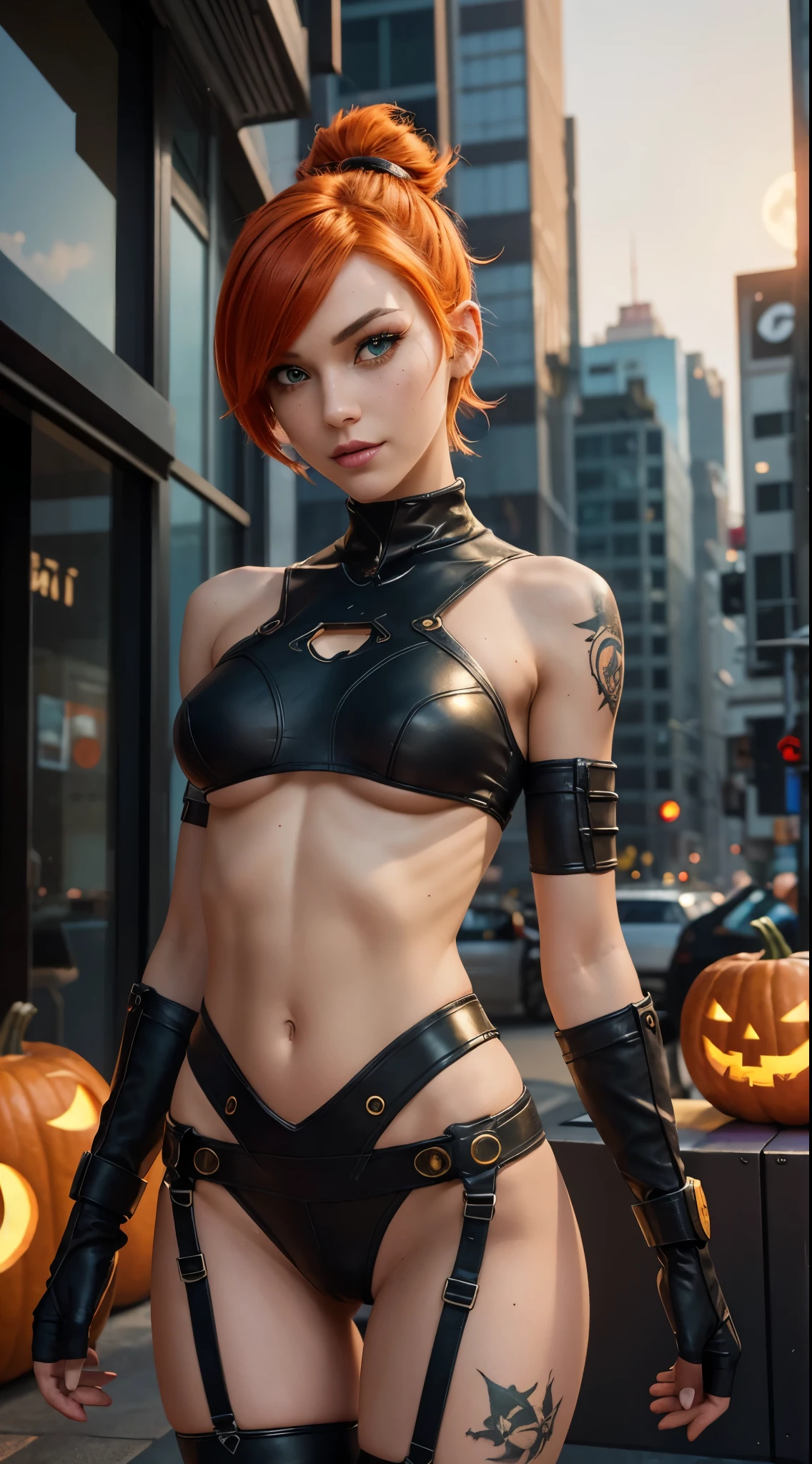 She's confidently exhibiting her unique and colorful tattoos, drawing attention with her daring and edgy persona. With piercing eyes and short, fiery red hair, she's a cybergoth queen who commands the room's focus. Her revealing outfit leaves little to the imagination, accentuating her captivating presence.