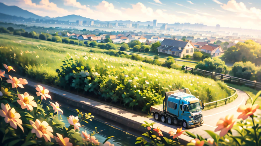 A beautiful landscape with colorful flowers and colorful houses along the way Across a highway in Brazil. Side view from inside a truck. Ultra realistic 