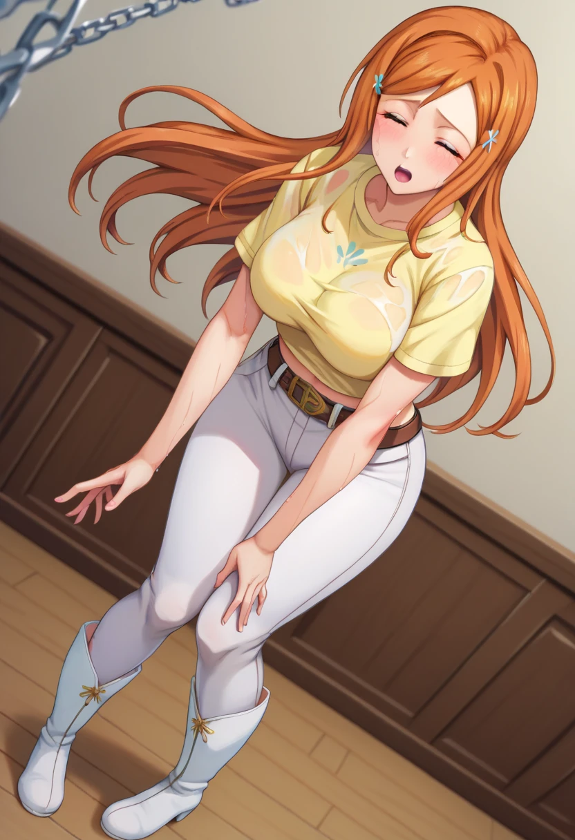 score_9,score_8_up,score_7_up,score_9,score_8_up,score_8, sfw, erotic, ultra detailed,beautiful face,detailed background,detailed face,4k,HD,8k,highres,antialiasing,detailed,texture BREAK orihime,1girl,solo, ((see through clothes)), (wet clothes), long hair,yellow shirt, tight pants, round ass, beautiful ass, jean pants, (beautiful white boots), ((boots)), brown belt on waist, (belt), cute belt, (cute chain), yellow chain, slim chain, diagonal chain at the waist, orange hair,grey eyes,hairclip,t-shirt,inoue orihime, wide hips, (full body shot), (front view), dutch angle, room,room background, (standing up), (bending forward), (((hands touching knees))), exhausted, heavy breathing, moaning, aroused, blushing, worried expression, (eyes closed), mouth open, in peril, wet, sweating