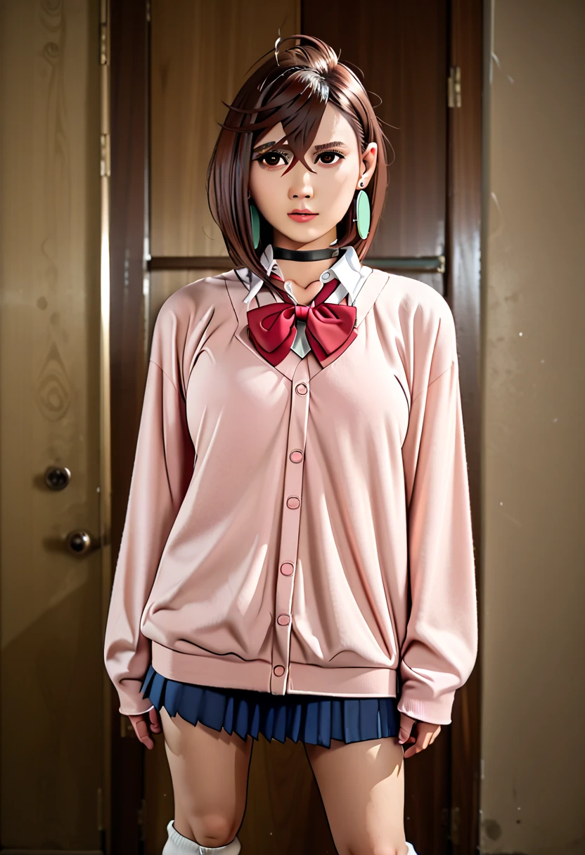 extremely high quality photo, Momo Ayase, sharp focus, realistic, source_photo, proper alignment, young Japanese model, glamorous, sexy, seductive, portrait, detailed face, medium hair, brown hair, brown eyes, large breasts, chocker, choker, red bowtie, (pink cardigan:1.2), long cardigan, long sleeves, blue skirt, pleated skirt, school uniform, short skirt, earrings, loose socks, white socks