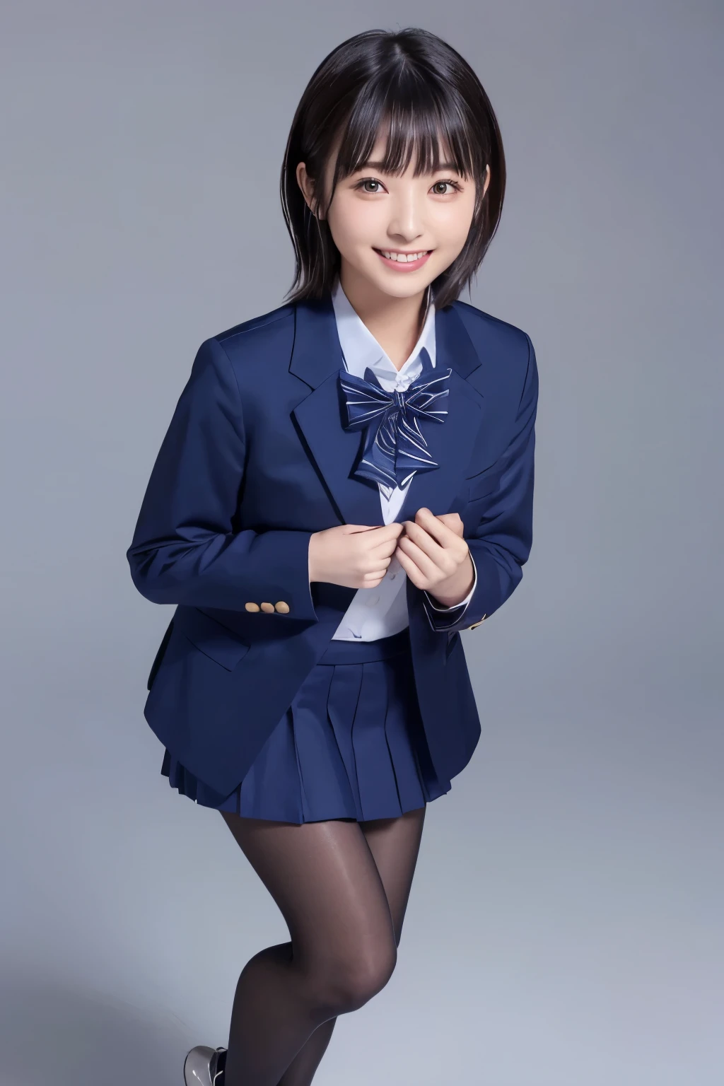 highest image quality taken by Ki、HDR、 navy blue blazer、((Long tight skirt that hides the knee in plain navy blue ))、White blouse、((navy blue plain large bow tie))、((( Black Pantyhose )))、(( black loafers))、((Full body photo of a standing figure up to the knee ))、 cute high school girl 、Height: 160cm、 smile like an idol、 smiling and smiling、 professional writing、((Plain background))、(( highest image quality taken by Ki)),((Beautiful double eyelids ))、( long lashes)、((( The blazer and skirt are the same dark blue and the material is the same)))、(( dark brown shiny hair ))、((Model Face Change ))、(( Ribbon Design Change))、((No handkerchief))、((silver cherry pin badge on collar))、 very short hair、((silver cherry pin badge on collar))、G-Cup、(( best smile ))、As cute as a popular idol、((The jacket and skirt are the same color))、((Minamihamabe))