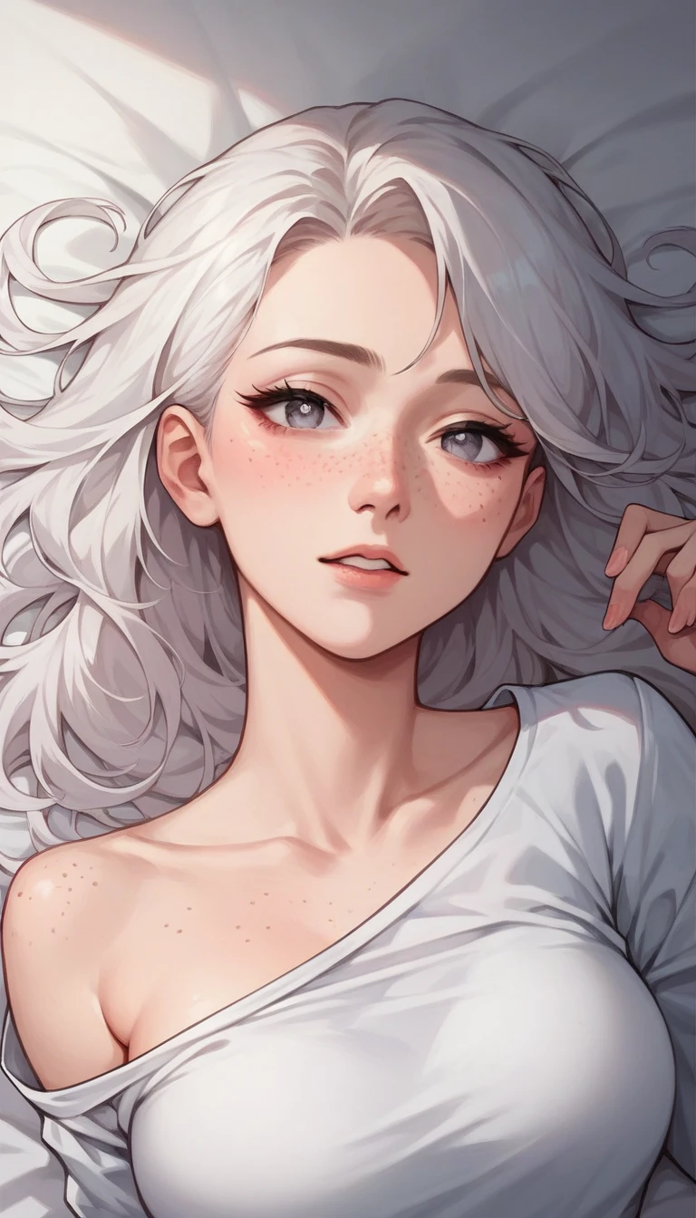 One anime girl, Korean girl 24 years old with long white hair Smooth long, medium gray eyes Pupil with long eyelashes, freckles on the cheeks and nose, light skin,On his bed, taking off his pink and white Spiderman suit, 