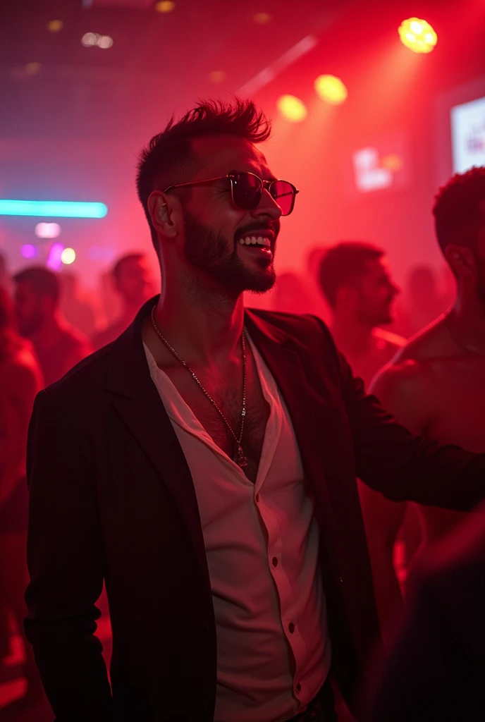 A man with his wide open chemis in a night club ,siting with drinks ,cauzy weather