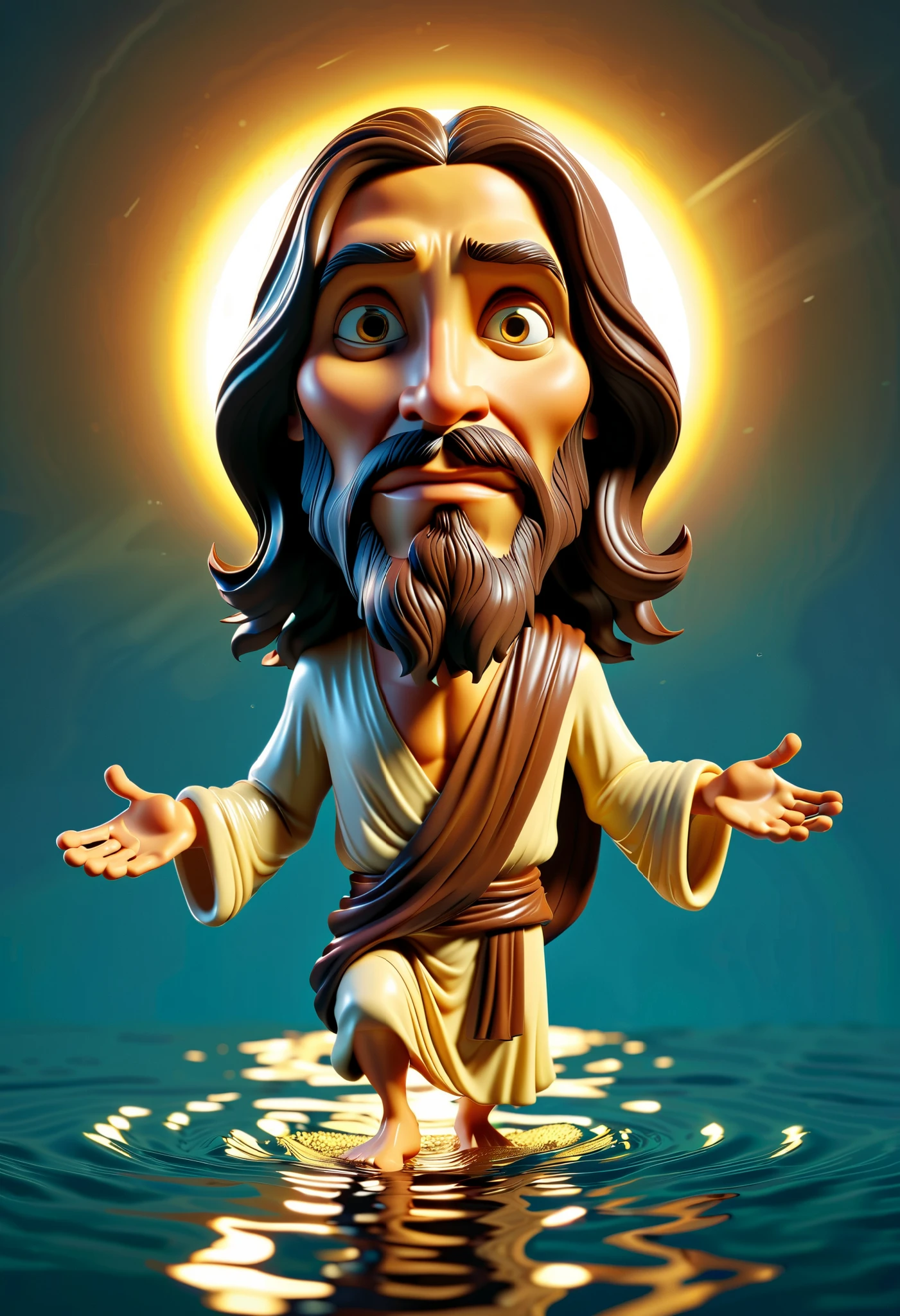 a full-body cartoon caricature of Jesus Walking over the water, portrait, ((exaggerated features:1.6)) with a large nose and big eyes, realistic, detailed, glowing golden lighting, 4K.