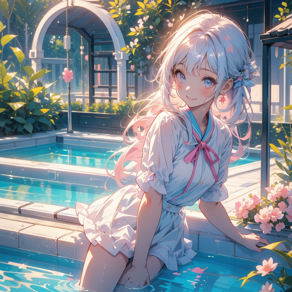 Chibi、A cute girl wearing a sailor suit and smiling at her face reflected in the pool on the roof of the school、 happy、Heartwarming、Relaxed、Cute girl lounging around wearing milky white and cherry gradation hair color 、