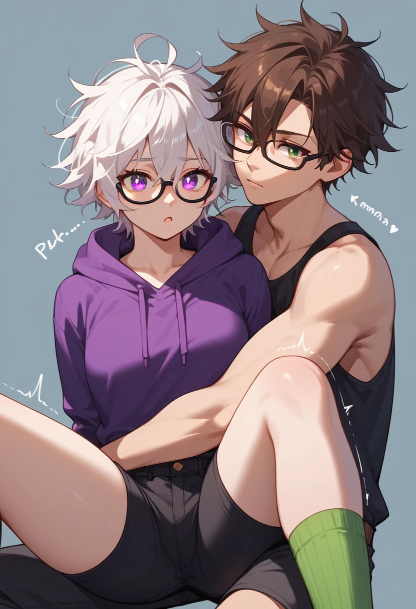 (duo focus), 2men, [male, feminine: 0.5, mature: 1.5, short messy hair, dark brown hair, green eyes, black frame glasses, purple hoodie, short black shorts, rainbow knee high socks], BREAK, [male, short messy hair, hair between eyes, white hair, purple eyes, shivering, black tank-top, leather pants, no glasses, no hoodie]