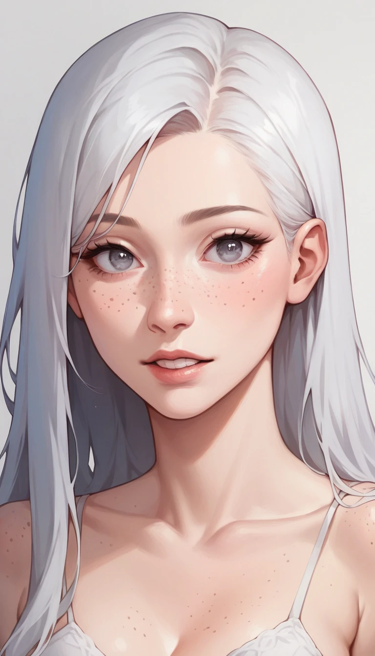 One anime girl, Korean girl 24 years old with long white hair Smooth long, medium gray eyes Pupil with long eyelashes, freckles on the cheeks and nose, light skin, taking off his pink and white Spiderman suit, 