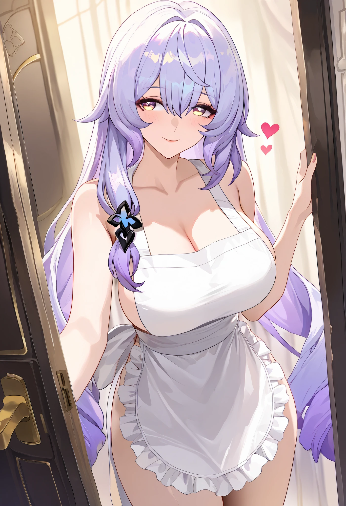 ultra-detailed,(best quality),((masterpiece)),(highres),original,extremely, 1girl, black swan,honkai star rail, milf, service maid, beautiful woman, beautiful body, mature, yellow eyes, wife,milf, purple hair, large breasts, happy,smile, closed mouth, blush, in heat, blush, long hair,naked apron ,breast grab,love, heart,