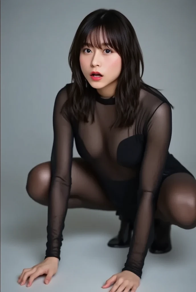 A woman spreading her legs in an M-shape, embarrassed look