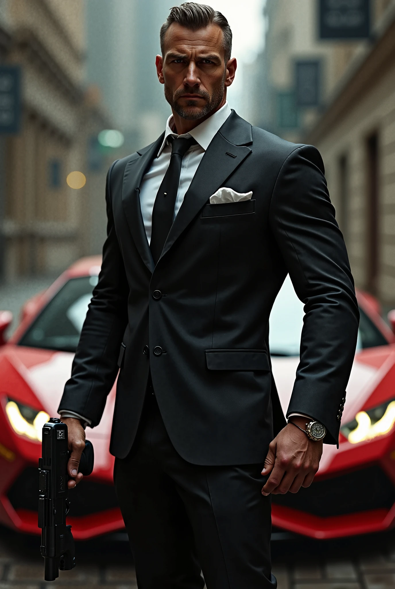 Arafed man in a suit and tie holding a gun in front of a red sports car ...