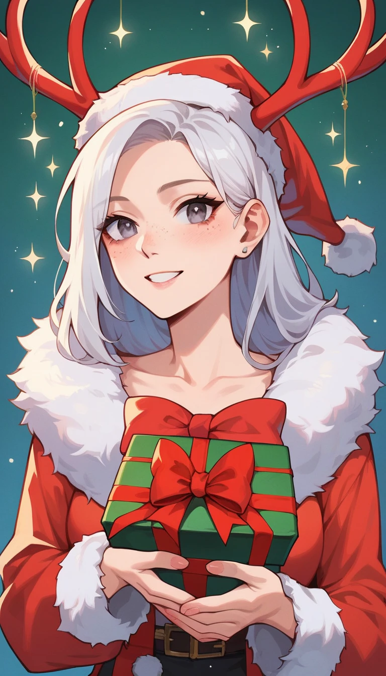 One anime girl, Korean girl 24 years old with long white hair Smooth long, medium gray eyes Pupil with long eyelashes, freckles on the cheeks and nose, light skin, Seat tied with a red decorative bow, with a set of deer, Christmas pine background and gifts.