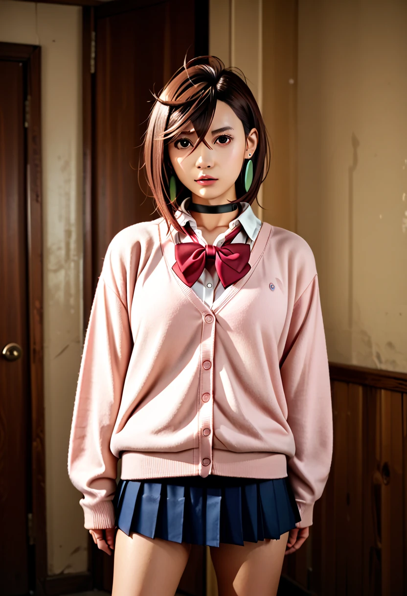 extremely high quality photo, Momo Ayase, sharp focus, realistic, source_photo, proper alignment, young Japanese model, glamorous, sexy, seductive, portrait, detailed face, medium hair, brown hair, brown eyes, large breasts, chocker, choker, red bowtie, (pink cardigan:1.2), long cardigan, long sleeves, blue skirt, pleated skirt, school uniform, short skirt, earrings, loose socks, white socks