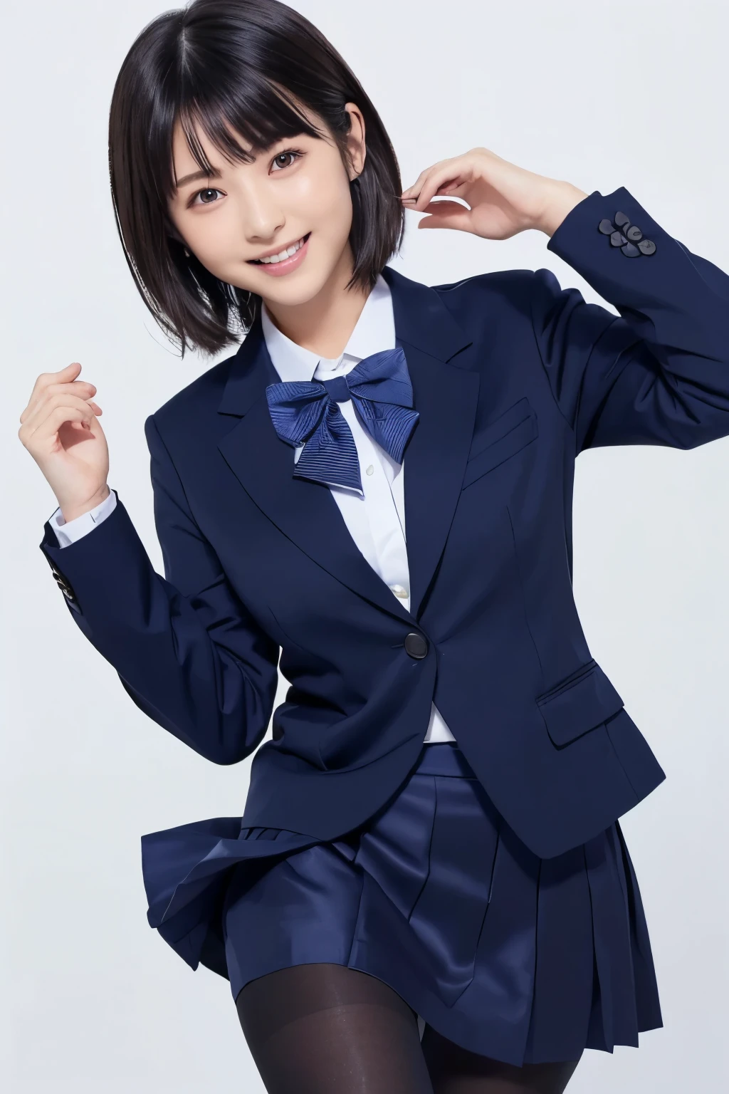 highest image quality taken by Ki、HDR、 navy blue blazer、((Long tight skirt that hides the knee in plain navy blue ))、White blouse、((navy blue plain large bow tie))、((( Black Pantyhose )))、(( black loafers))、((A picture of a standing figure showing up to the knee))、 cute high school girl 、Height: 160cm、 smile like an idol、 smiling and smiling、 professional writing、((Plain background))、(( highest image quality taken by Ki)),((Beautiful double eyelids ))、( long lashes)、((( The blazer and skirt are the same dark blue color and the material is the same)))、(( dark brown shiny hair ))、((Model Face Change ))、(( Ribbon Design Change))、((No handkerchief))、 very short hair、G-Cup、(( best smile ))、As cute as a popular idol、((The jacket and skirt are the same color))、((Minamihamabe))、(( Frontal Angle))