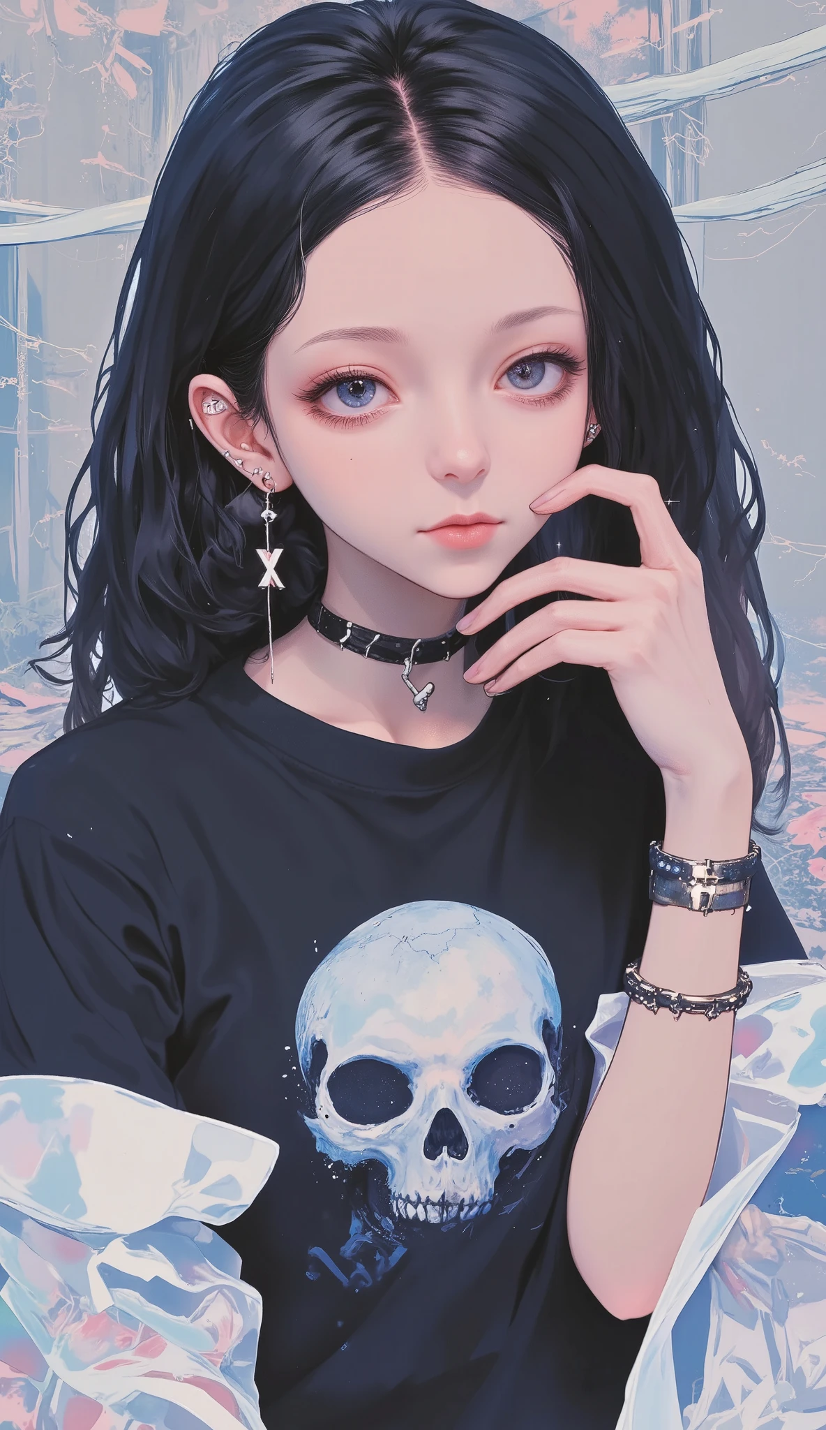 ultrarealistic, masterpiece, (( ultra detailed background , detalles intrincados)), best quality, detalles intrincados, chromatic aberration, Women, 20 years, pants looking at the spectator, cabello negro, bangs over one eye , black t-shirt , Skull pattern , short sleeve, sitting on the floor , mask, tattoo with an x eye pencil on the cheek, spiked bracelets , spiked necklace , black pants , pale skin, black lipstick , chiaroscuro, film lighting , Fujicolor, U High Definition, Retina, masterpiece, Precise, Anatomically correct , skiing , super detail , High Details , HIGH QUALITY, best quality, highres, 1080P, High Definition, 16K