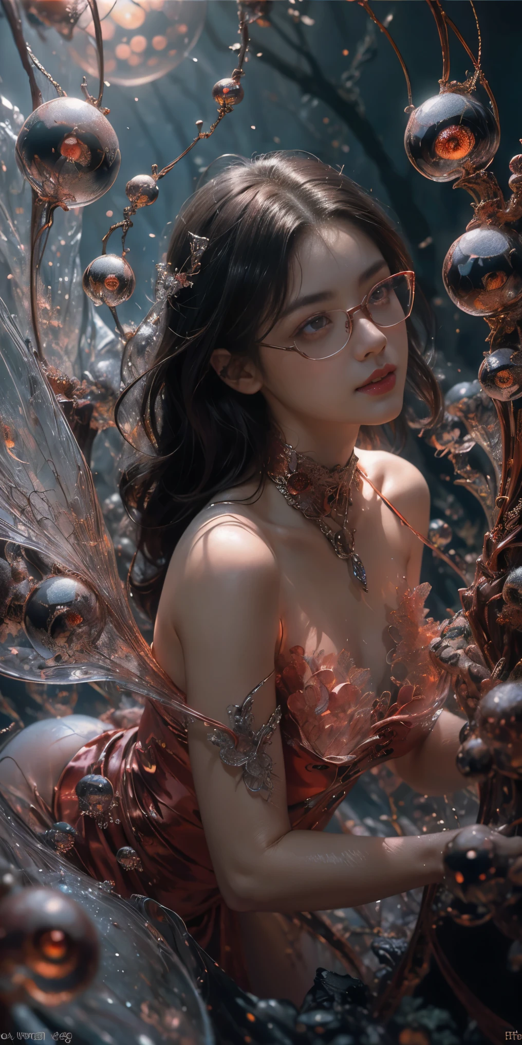 (The best illustrations)、realisitic、ultra-detailliert、The best lighting、Best Shadows、alluring succubus, ethereal beauty, perched on a cloud, (fantasy illustration:1.3), enchanting gaze, captivating pose, delicate wings, otherworldly charm, mystical sky, (Luis Royo:1.2), (Yoshitaka Amano:1.1), Dungeon and Dragon、caves、Dungeon、 A Necromancer、natta、Dark style、Succubus、Devil's Daughter、Bat Wings，(((Demon Hornlack-rimmed round glasses))))、(red eyes glowing:1.6)、​beautiful countenance、Tindall Effect、(High Detail Skins:1.2) absurderes、Ponytail distortion、jewely、Beautiful expression、Toned waist、Wide buttocks、Tindall Effectmasuter piece、top-quality、Highest Standards、Top image quality、masutepiece、intricate detailes、High resolution、Depth Field、natural soft light、profetional lighting、Great smile、(High Detail Skin: 1.2)、photorealistic anime girl render、Strong highlights of the eyes、Perfect Anatomy、crotch open、Shy、Spreading your legs、Panties are visible、Skirt flipping、Body shiny with oilerectile nipple))、8K resolution、intricate clothing、Intricate details, Sexy girl on white bed，Charming eyes，Heartwarming action，Open legs，Transparent silk pajamas ，barechested，Thick long hair，Highly detailed body，Highly detailed face